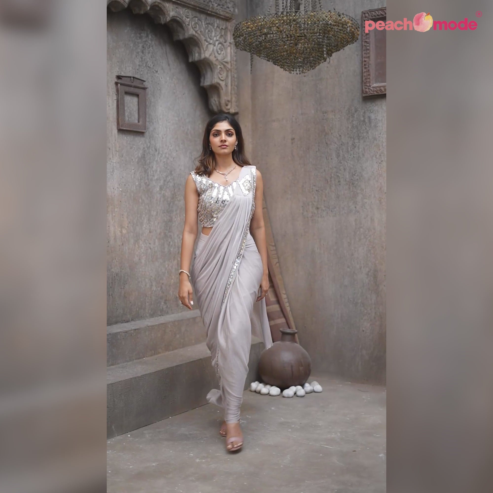 Grey Sequins Embroidered Stitched Art Silk Ready to Wear Saree