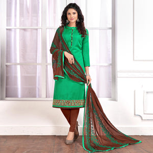 Fab Green Colored Partywear Embroidered Cotton Suit - Peachmode