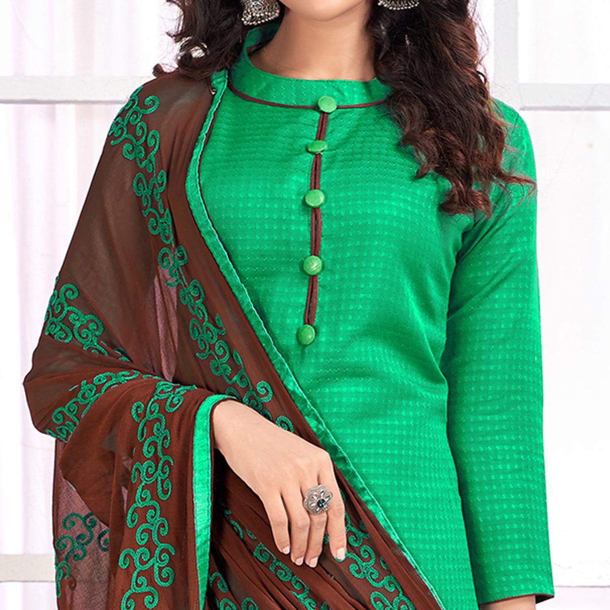 Fab Green Colored Partywear Embroidered Cotton Suit - Peachmode