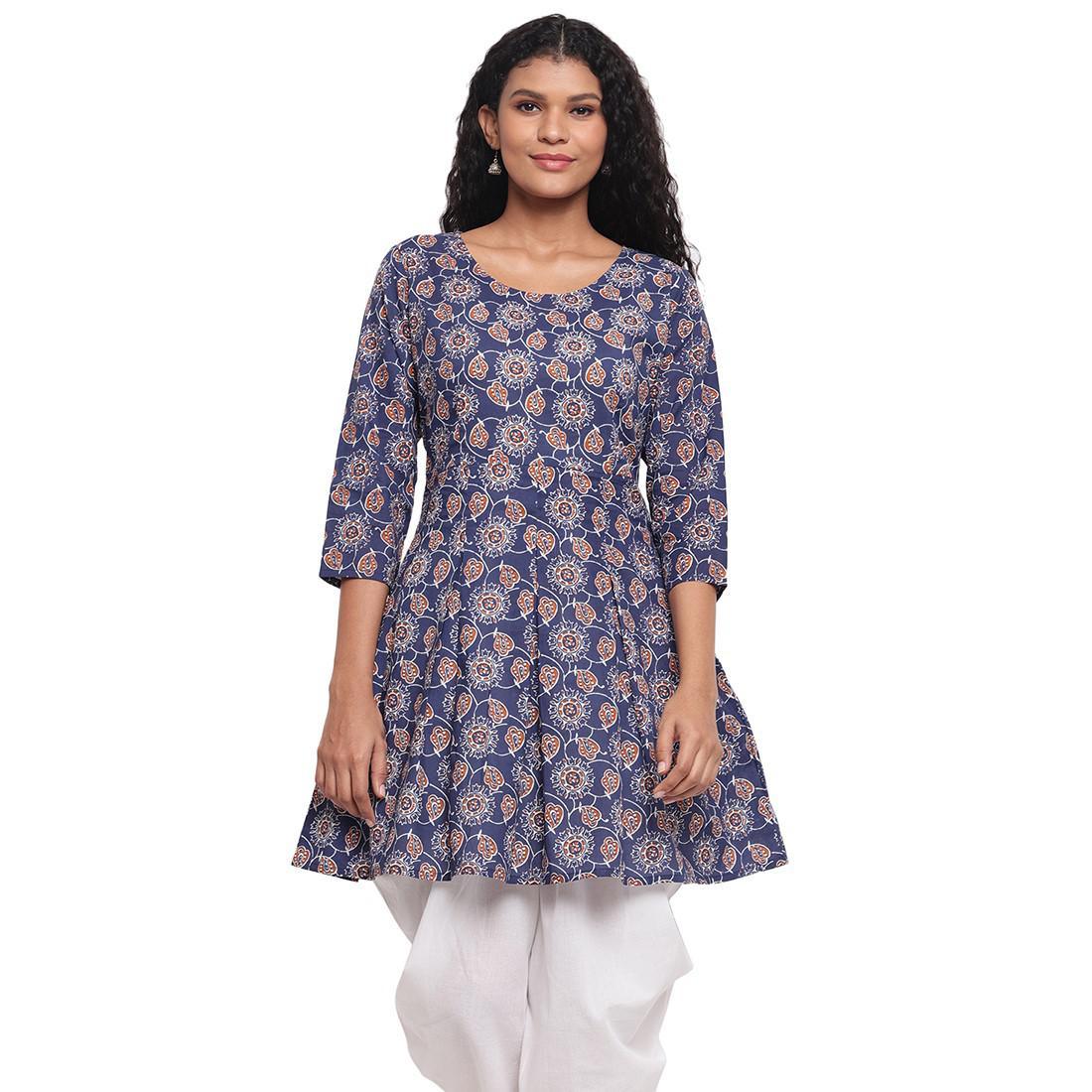 Fabnest - Indigo Blue Colred Printed Peplum Cotton Short Kurti - Peachmode