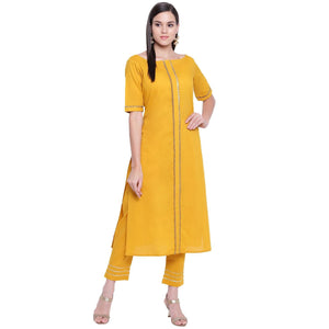 Fabnest - Yellow Colored Casual Wear Gota Work Cotton Kurti Pant Set - Peachmode
