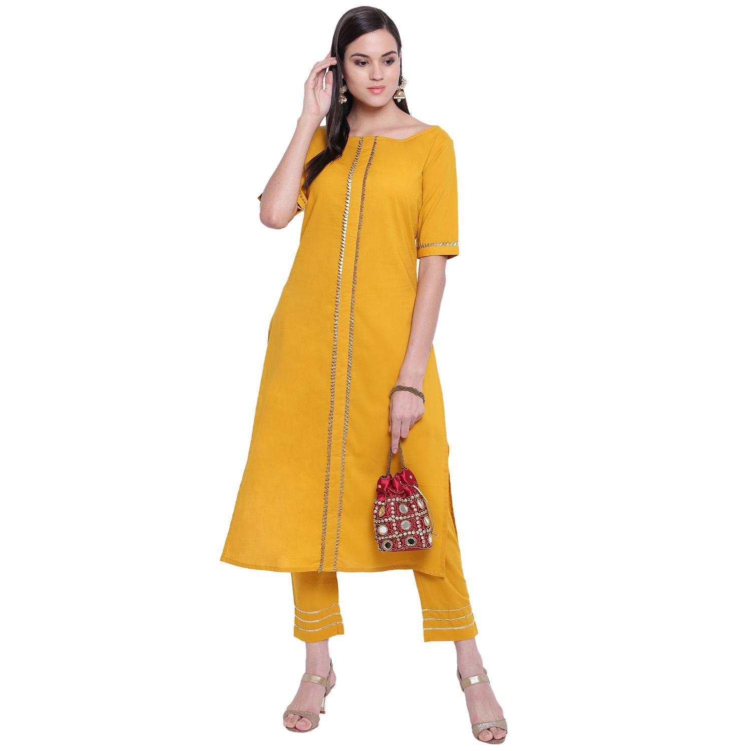 Fabnest - Yellow Colored Casual Wear Gota Work Cotton Kurti Pant Set - Peachmode