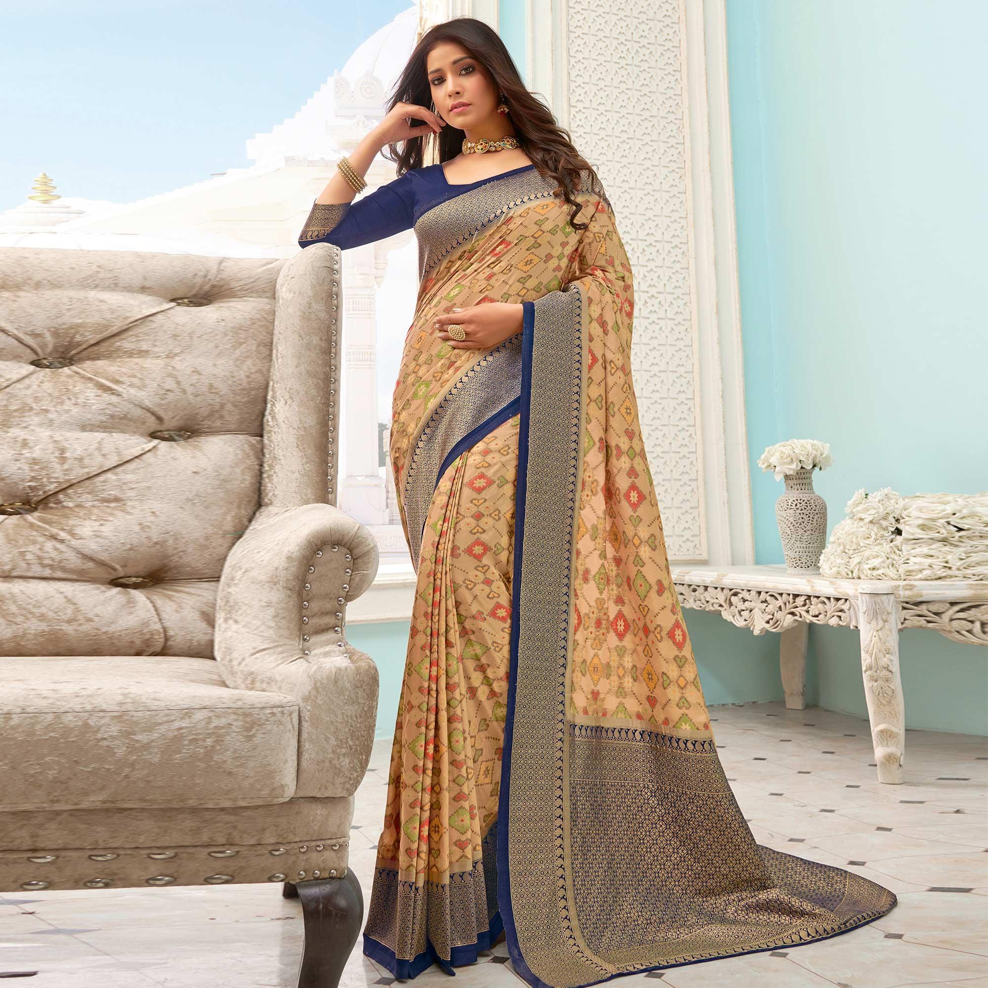 Fantastic Beige - Blue Colored Festive Wear Woven Pure Handloom Silk Saree - Peachmode