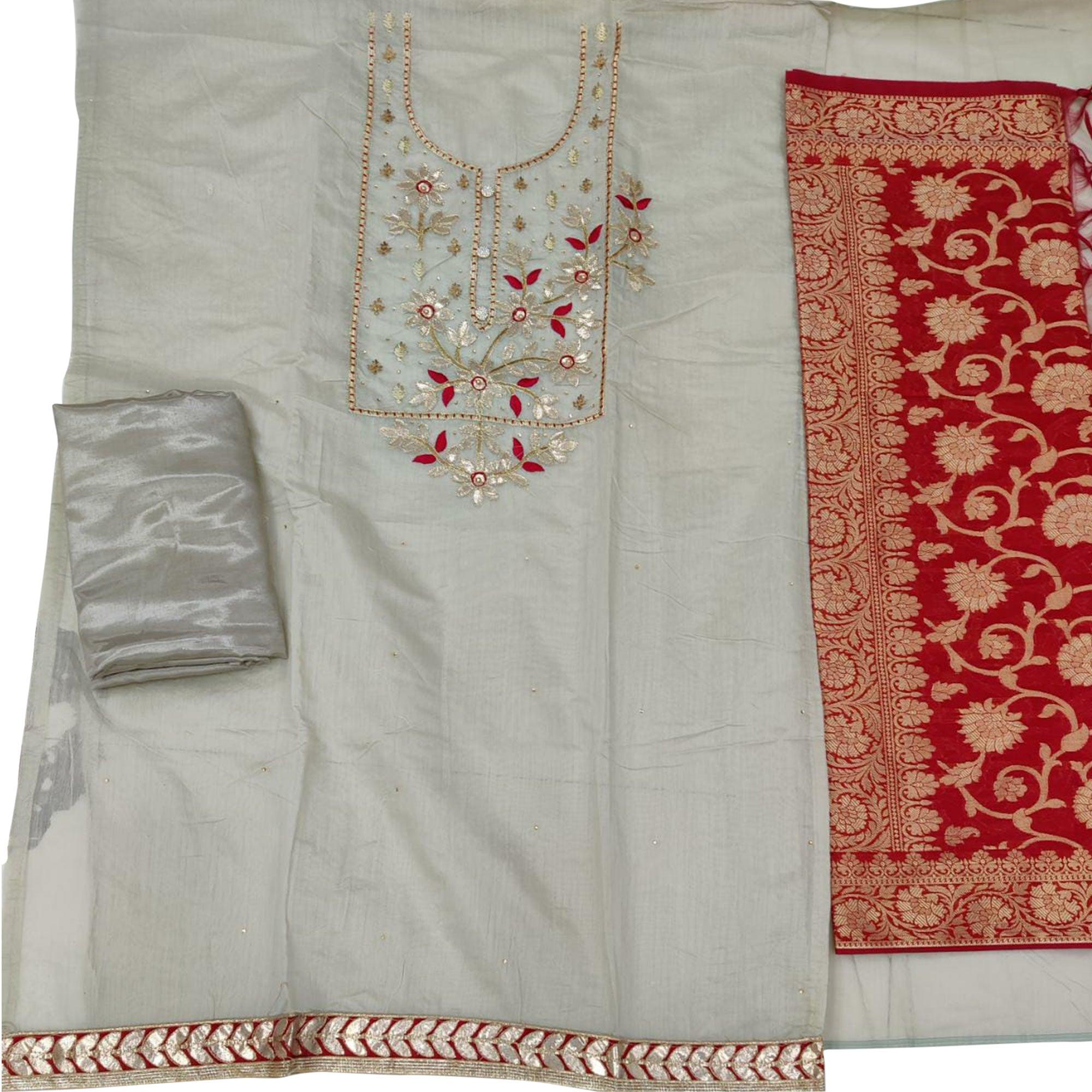 Fantastic Beige Colored Casual Embroidered Modal Chanderi Dress Material - Peachmode