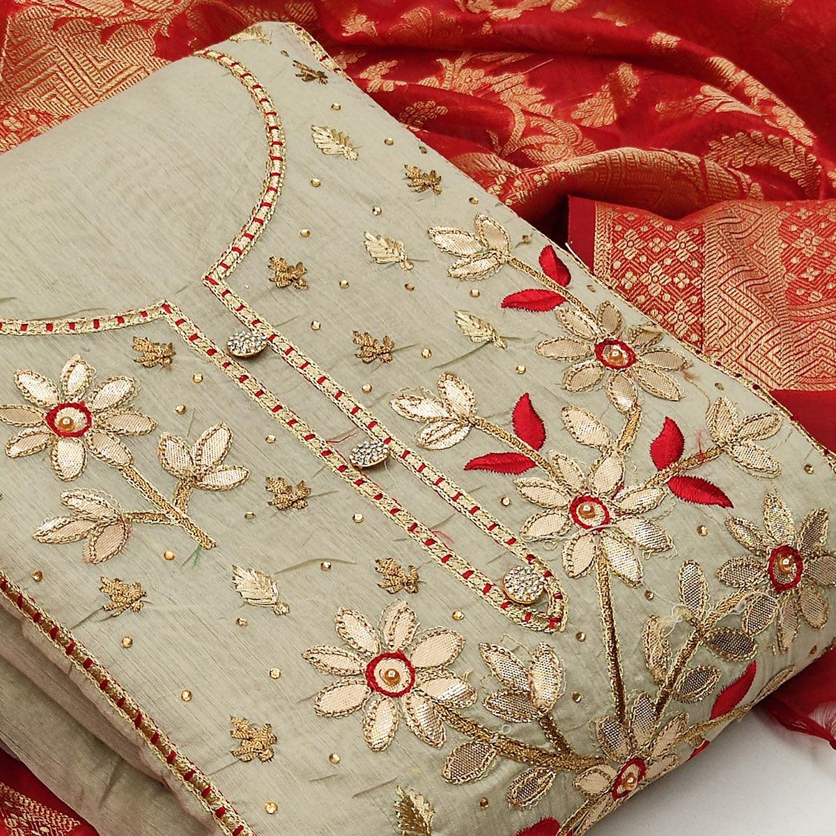Fantastic Beige Colored Casual Embroidered Modal Chanderi Dress Material - Peachmode