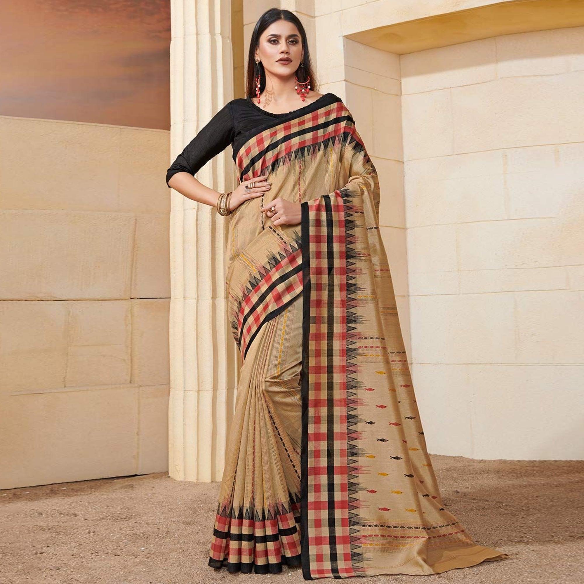 Fantastic Beige Colored Casual Wear Printed Bhagalpuri Silk Saree - Peachmode