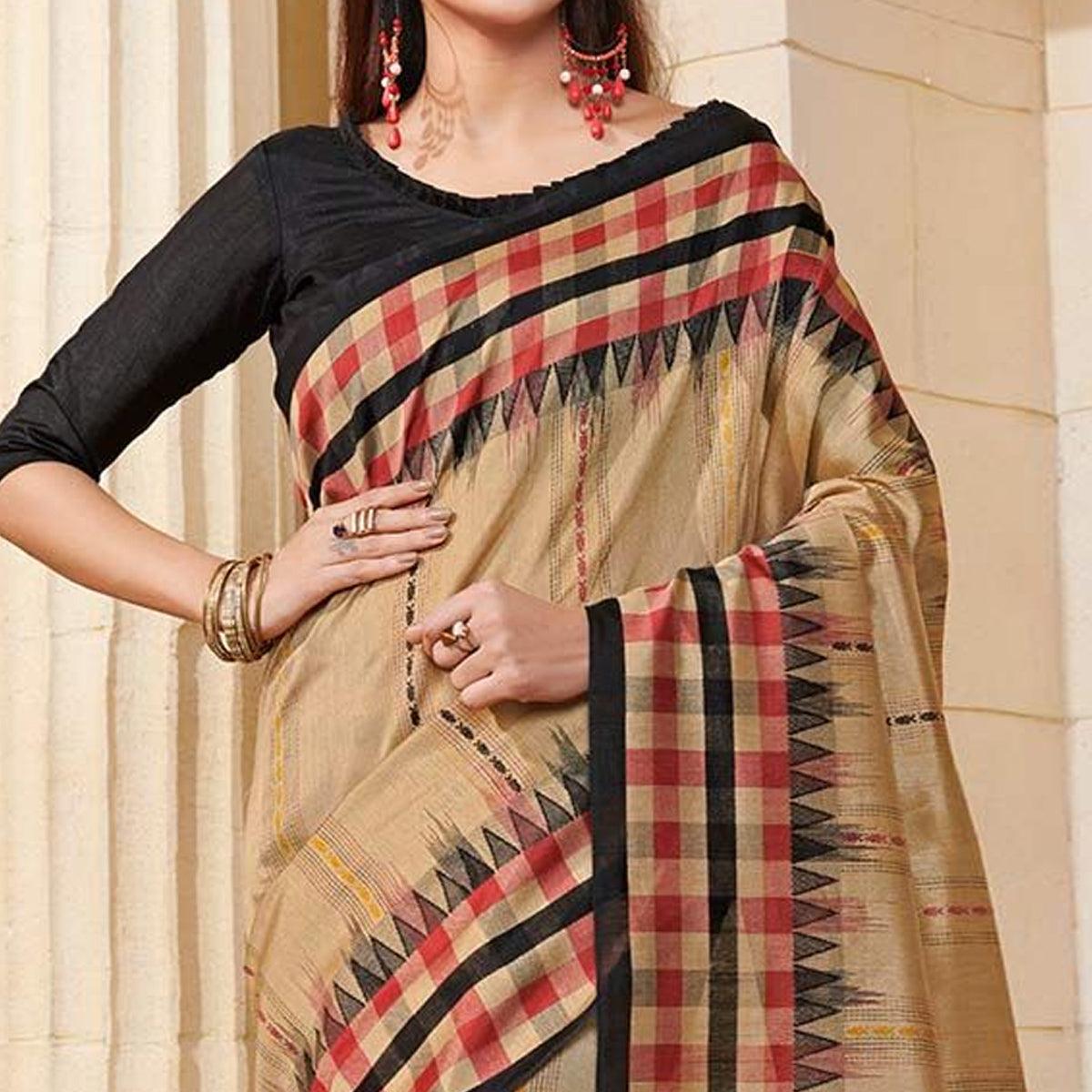 Fantastic Beige Colored Casual Wear Printed Bhagalpuri Silk Saree - Peachmode