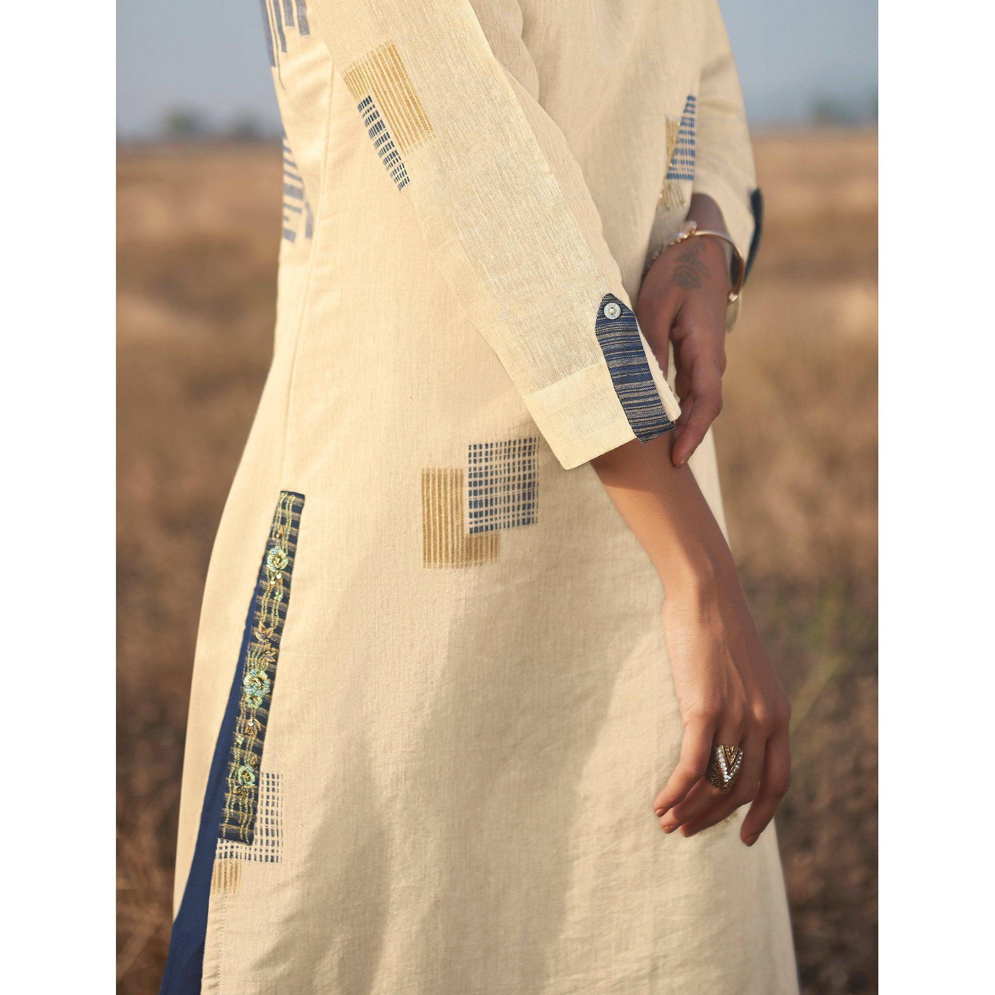 Fantastic Beige Colored Party Wear Handwork Handloom Cotton Kurti-Pant Set - Peachmode
