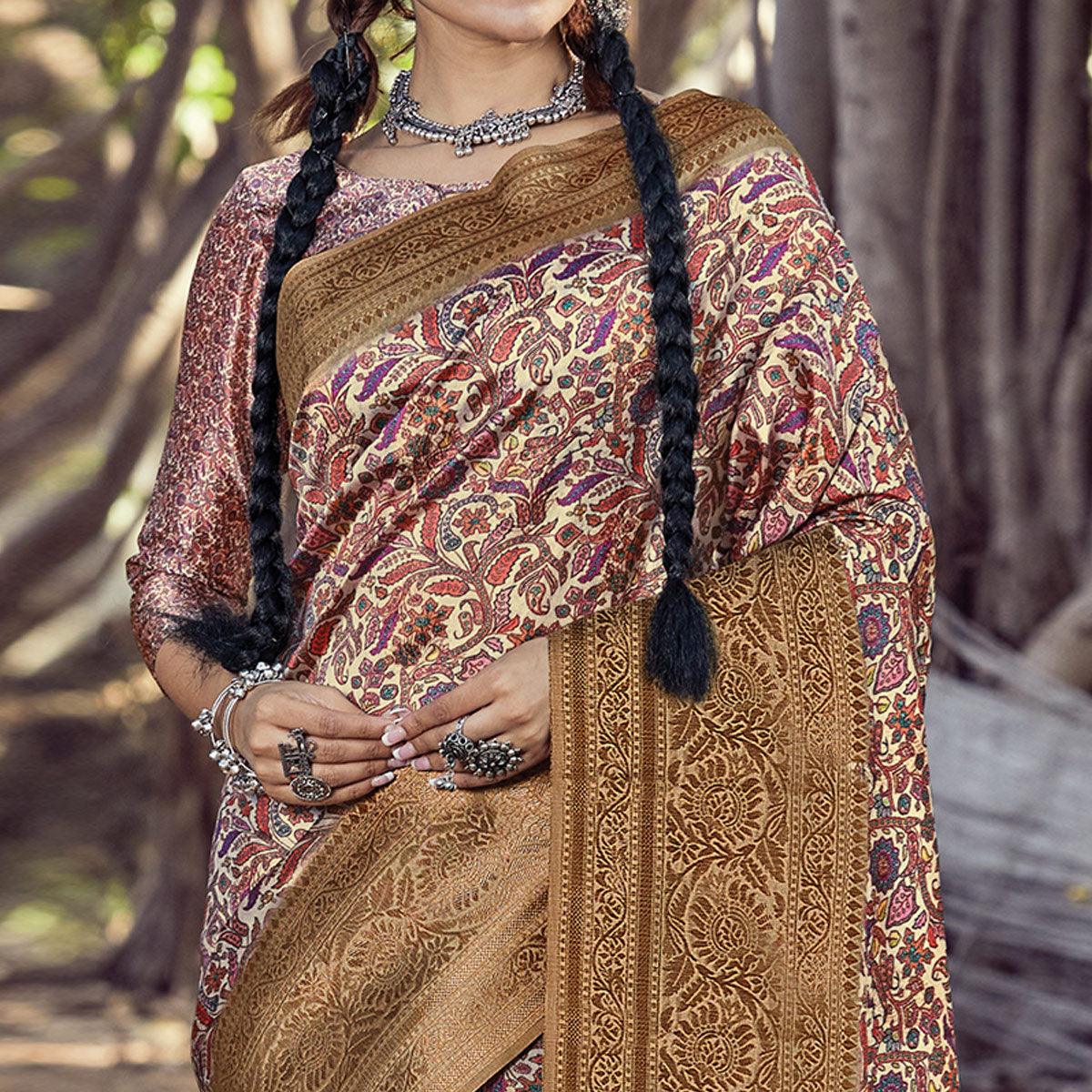 Fantastic Beige - Multi Colored Festive Wear Digital Printed Silk Saree - Peachmode