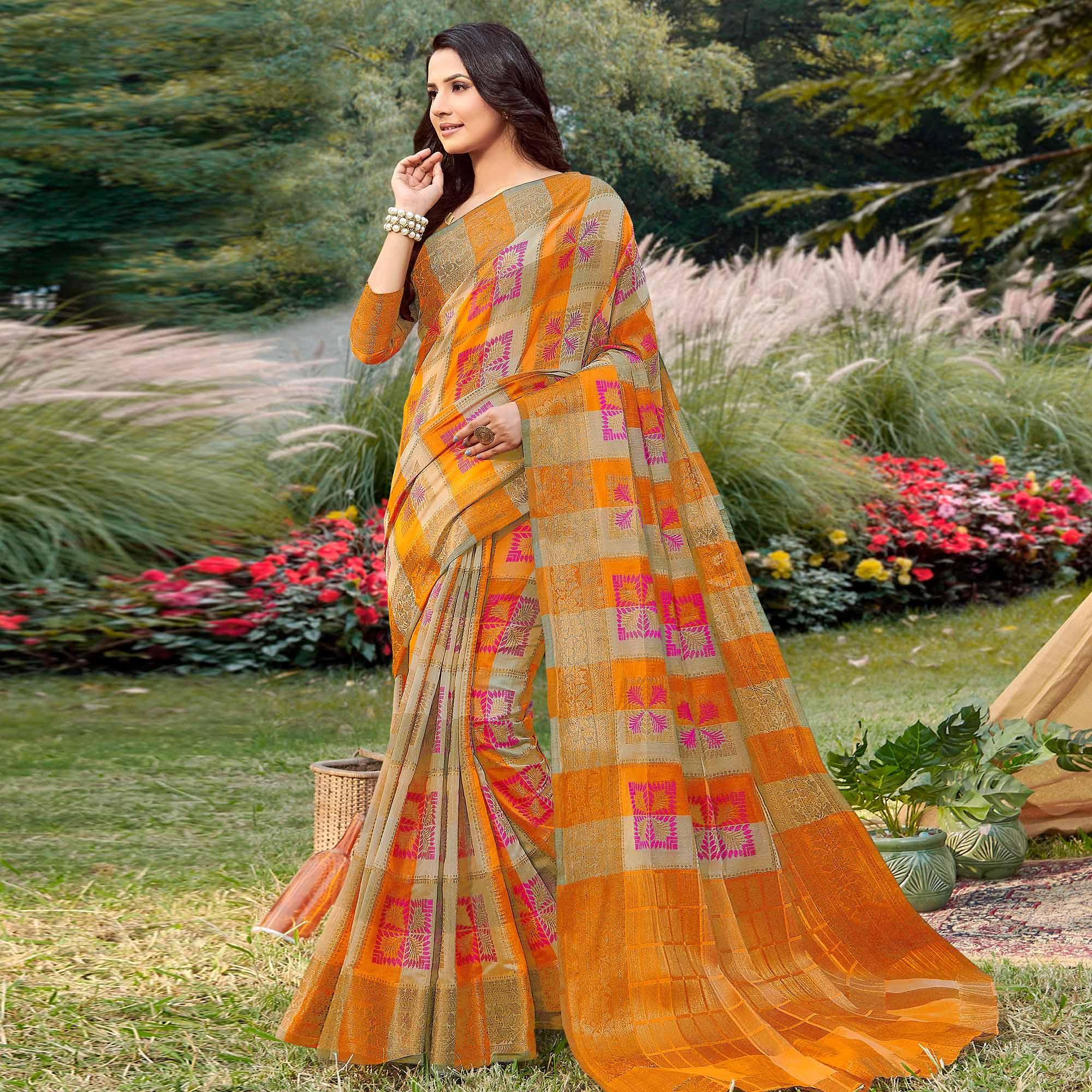 Fantastic Beige - Purple Colored Festive Wear Woven Handloom Silk Saree - Peachmode