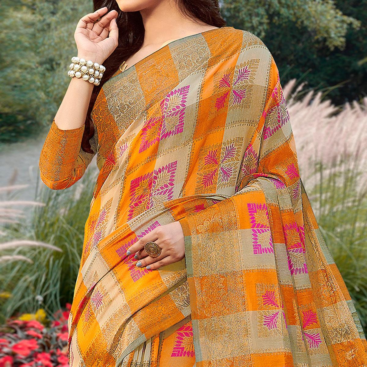 Fantastic Beige - Purple Colored Festive Wear Woven Handloom Silk Saree - Peachmode