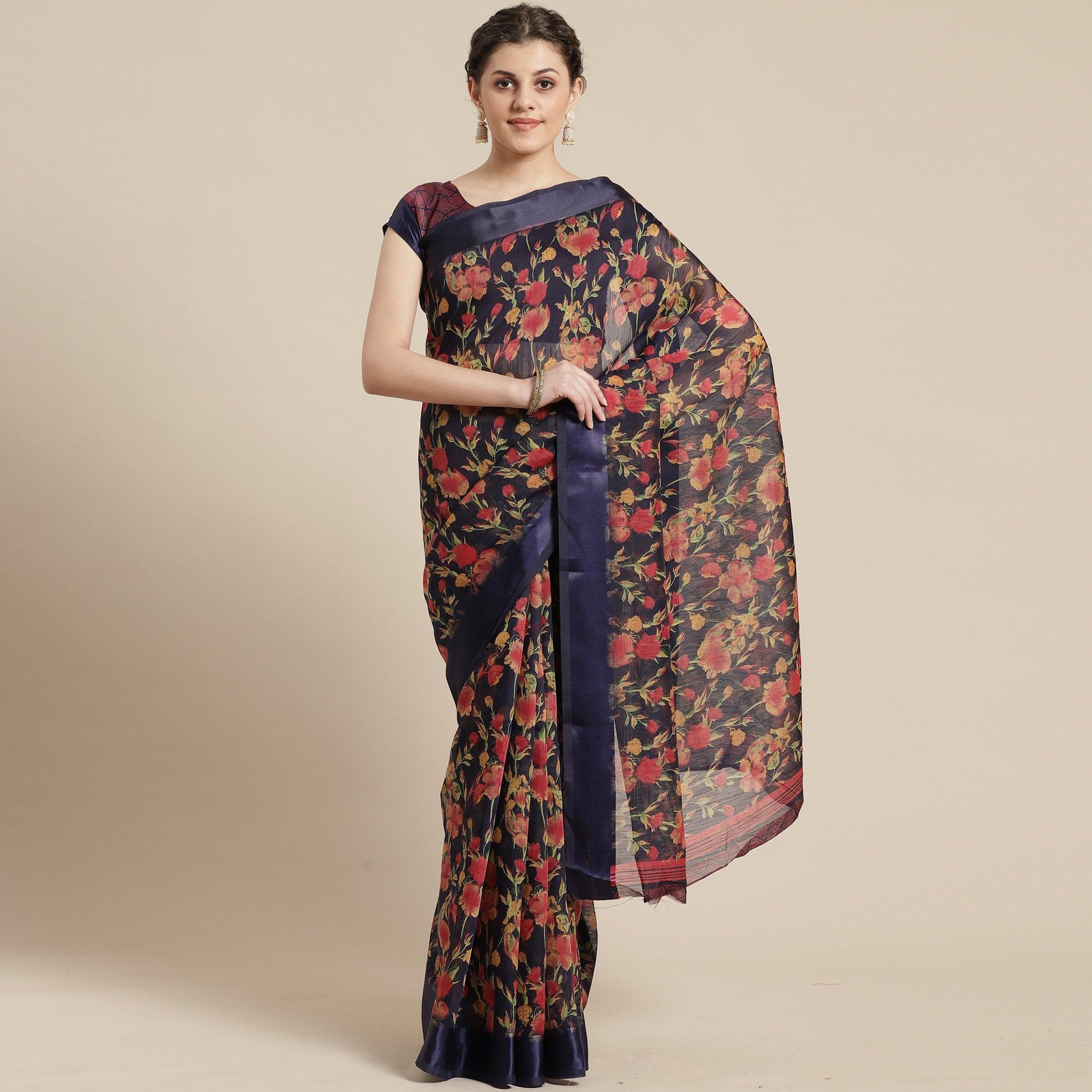 Fantastic Blue Colored Casual Wear Floral Printed Cotton Silk Saree - Peachmode