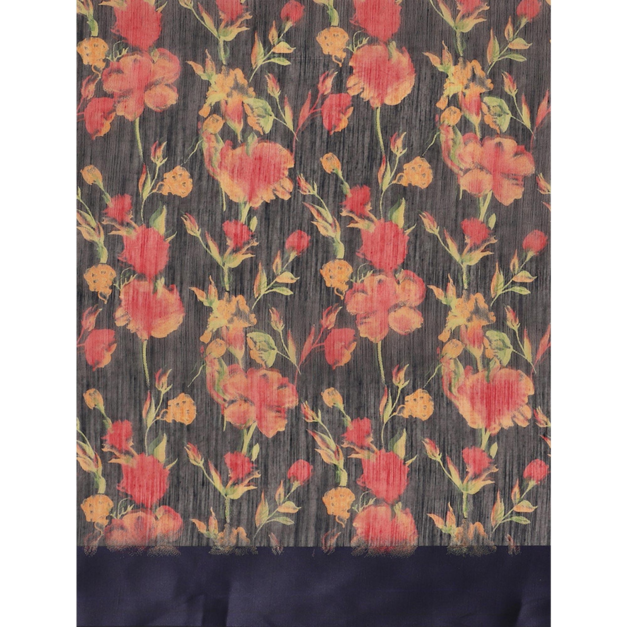 Fantastic Blue Colored Casual Wear Floral Printed Cotton Silk Saree - Peachmode