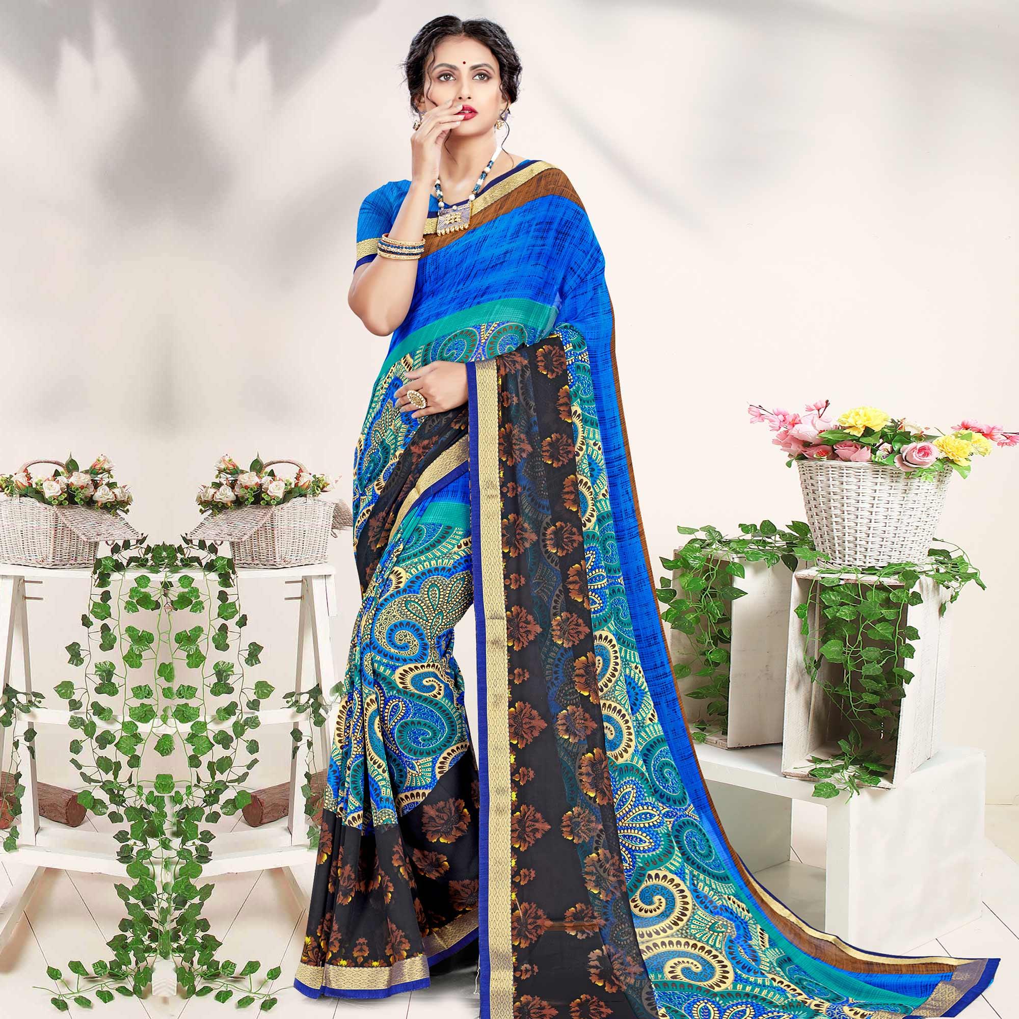 Fantastic Blue Colored Casual Wear Printed Georgette Saree - Peachmode