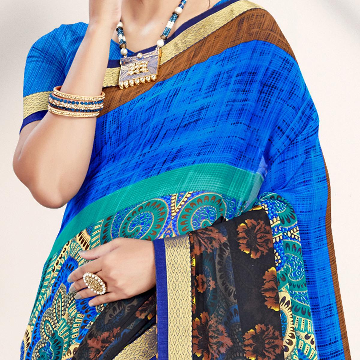 Fantastic Blue Colored Casual Wear Printed Georgette Saree - Peachmode