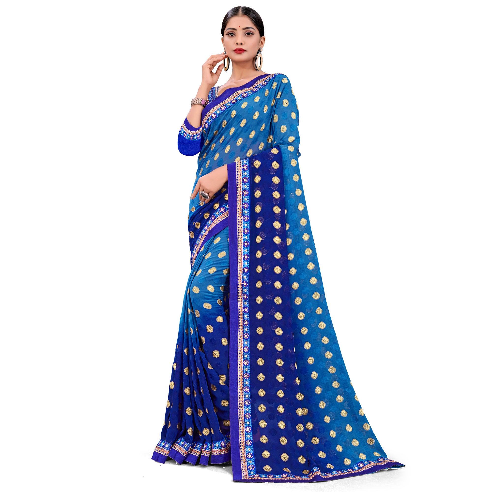Fantastic Blue Colored Party Wear Georgette Saree - Peachmode