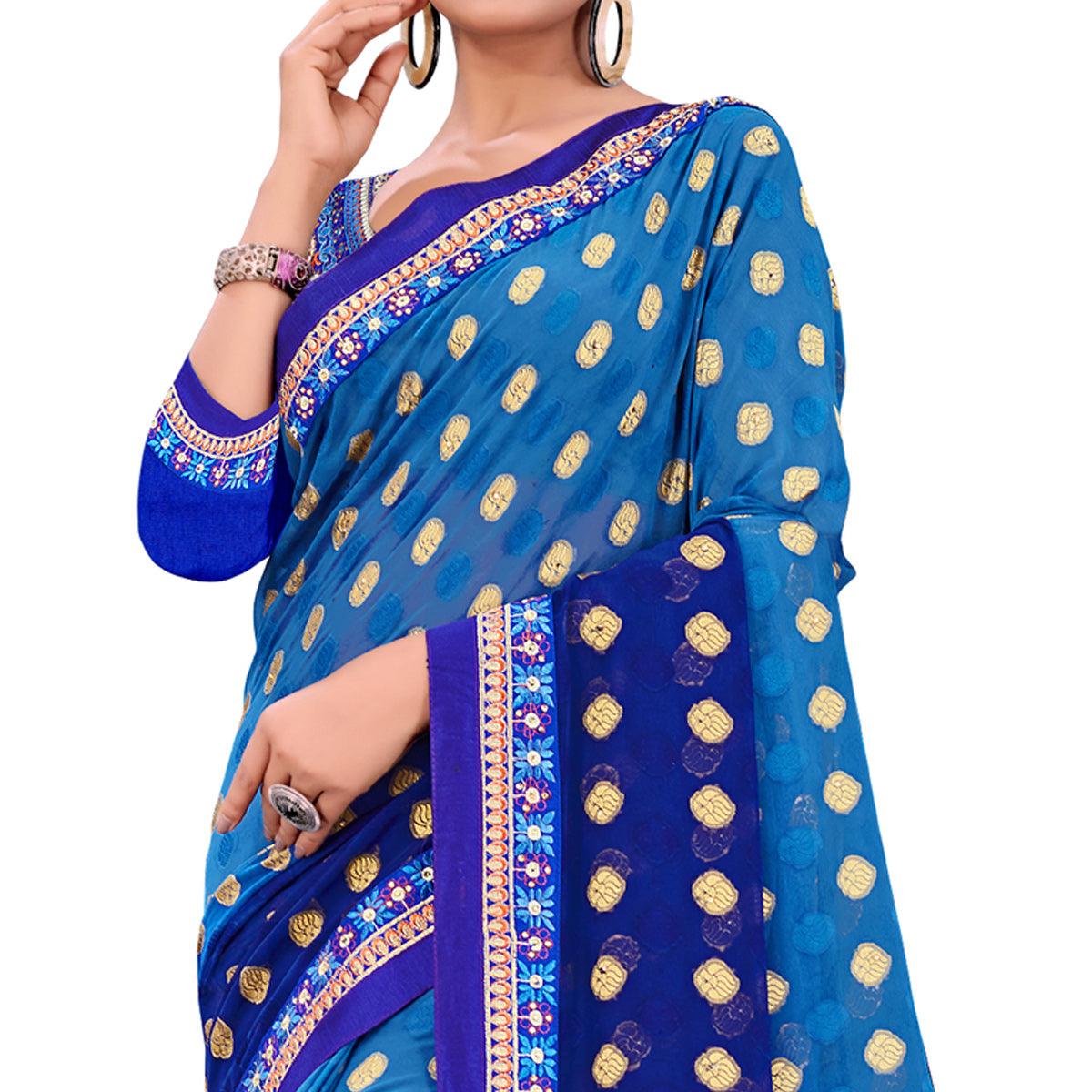 Fantastic Blue Colored Party Wear Georgette Saree - Peachmode
