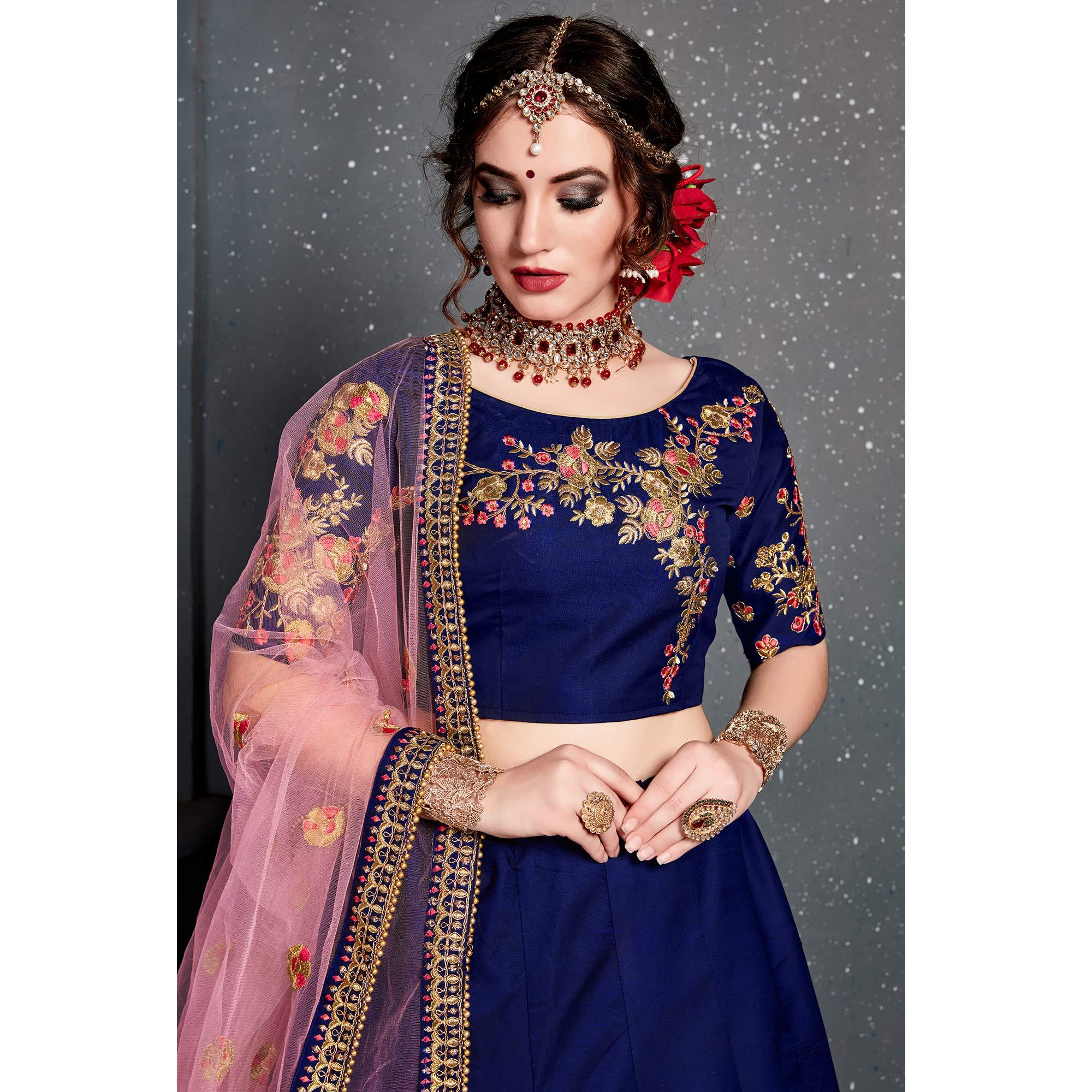 Fantastic Blue Colored Wedding Wear Embroidered Tapeta Satin Silk Lehenga Choli - Peachmode