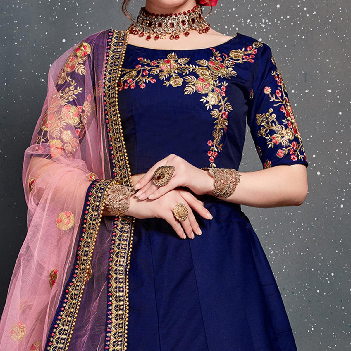 Fantastic Blue Colored Wedding Wear Embroidered Tapeta Satin Silk Lehenga Choli - Peachmode