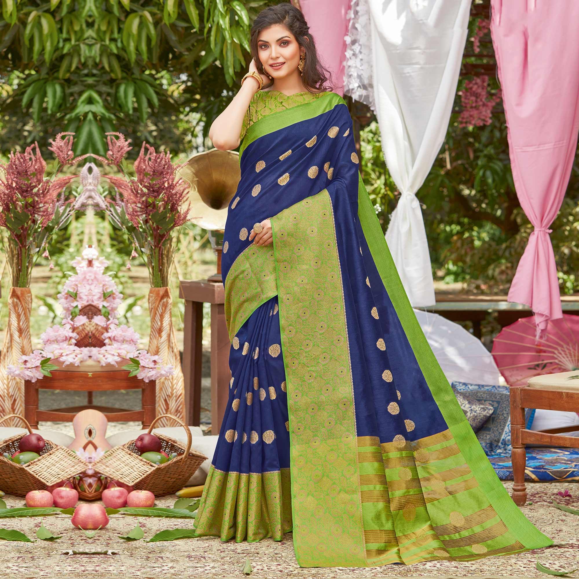 Fantastic Blue Coloured Casual Wear Embroidered Crystal Silk Saree - Peachmode
