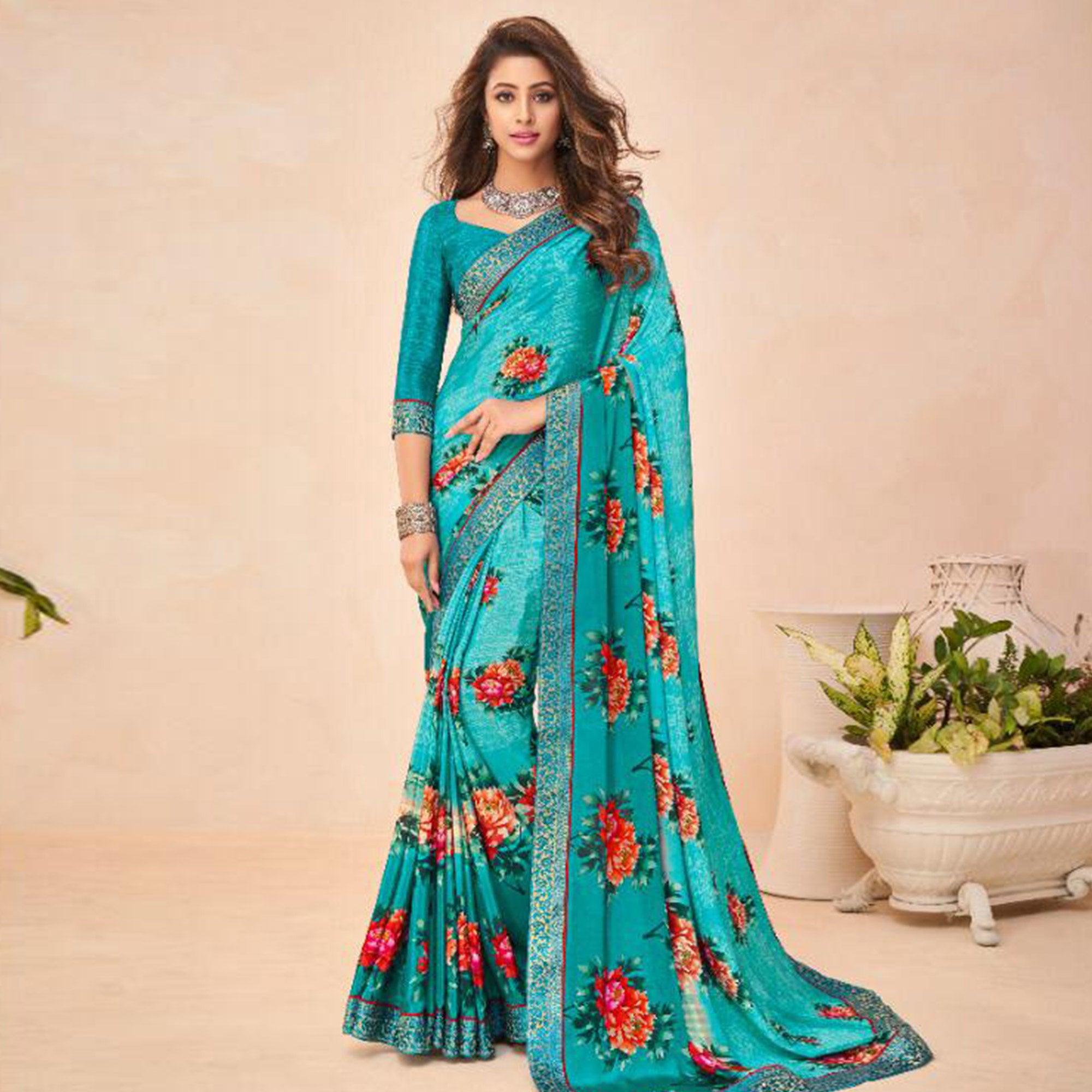 Fantastic Blue Coloured Casual Wear Printed Crepe Saree - Peachmode