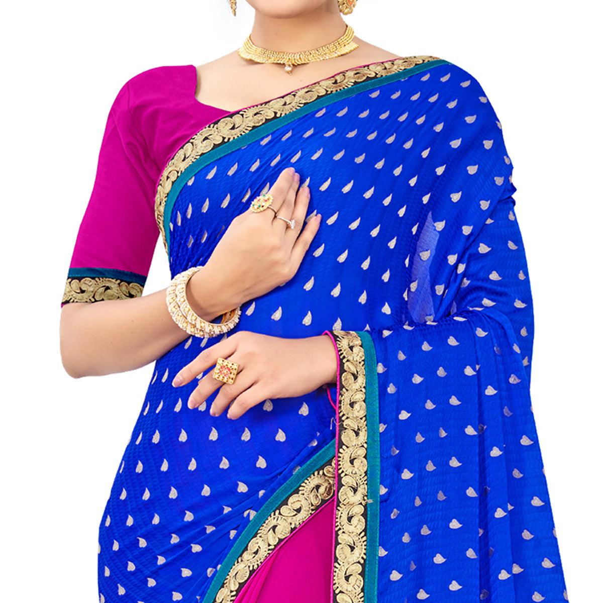 Fantastic Blue-Pink Colored party Wear Embroidered Georgette Half-Half Saree - Peachmode