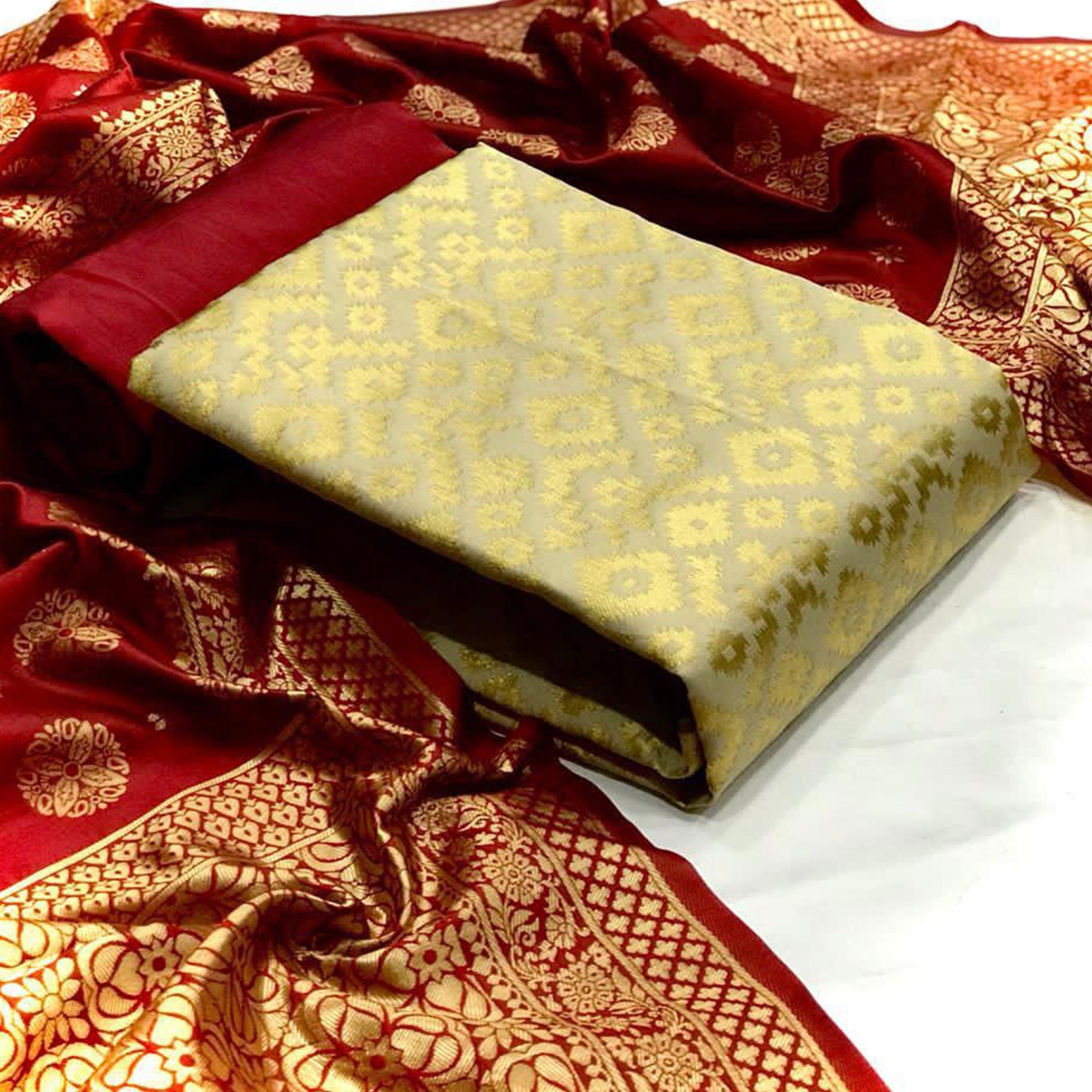 Fantastic Chiku Colored Casual Wear Banarasi Silk Dress Material - Peachmode