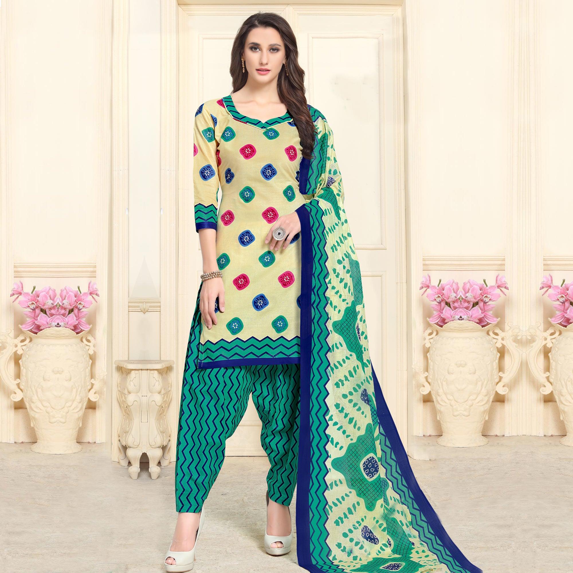 Fantastic Cream-Blue Colored Casual Wear Printed Cotton Patiala Dress Material - Peachmode