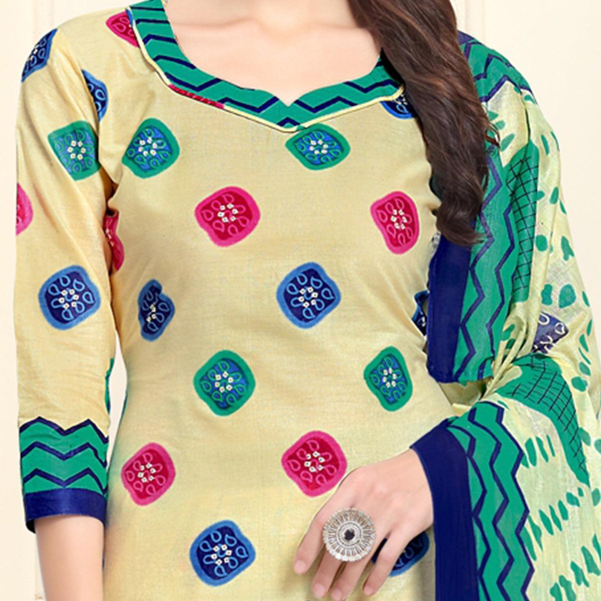 Fantastic Cream-Blue Colored Casual Wear Printed Cotton Patiala Dress Material - Peachmode