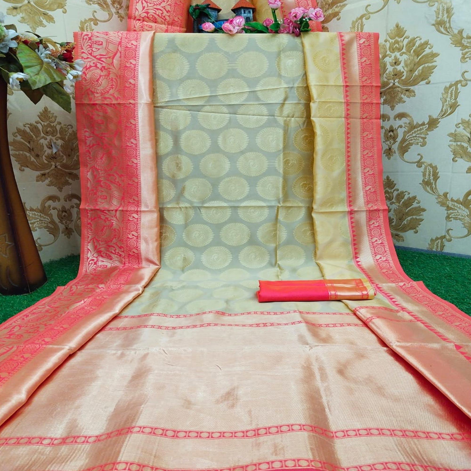 Fantastic Cream Colored Festive Wear Woven Soft Lichi Silk Saree - Peachmode