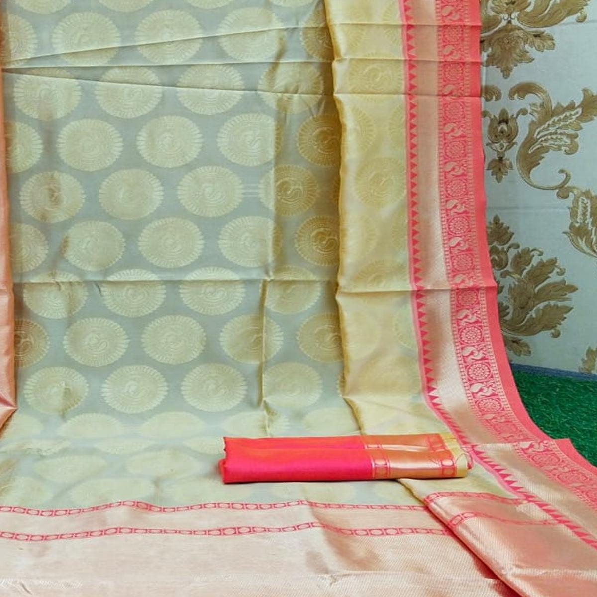 Fantastic Cream Colored Festive Wear Woven Soft Lichi Silk Saree - Peachmode