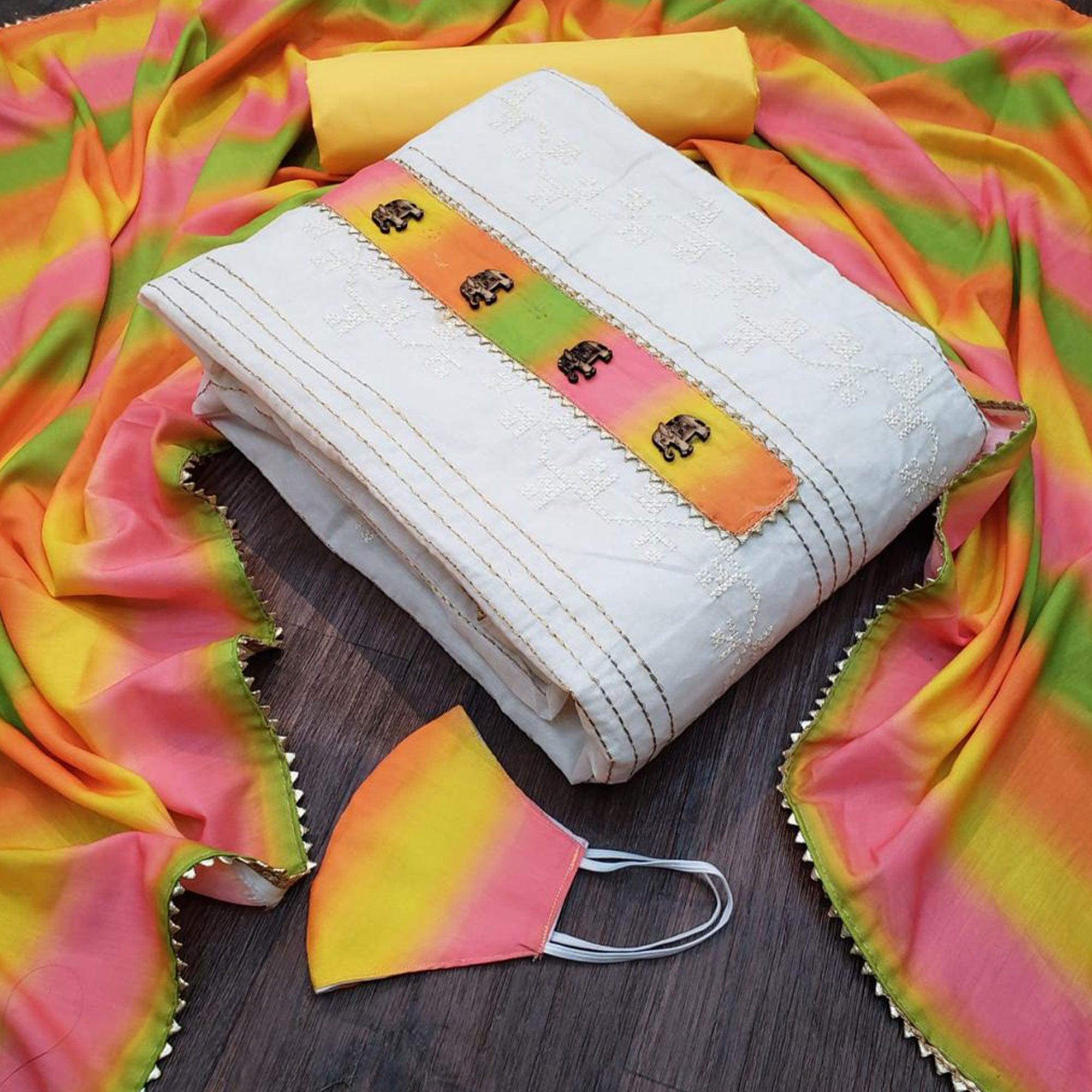 Fantastic Cream - Yellow Colored Casual Wear Embroidered Modal Chanderi Dress Material - Peachmode