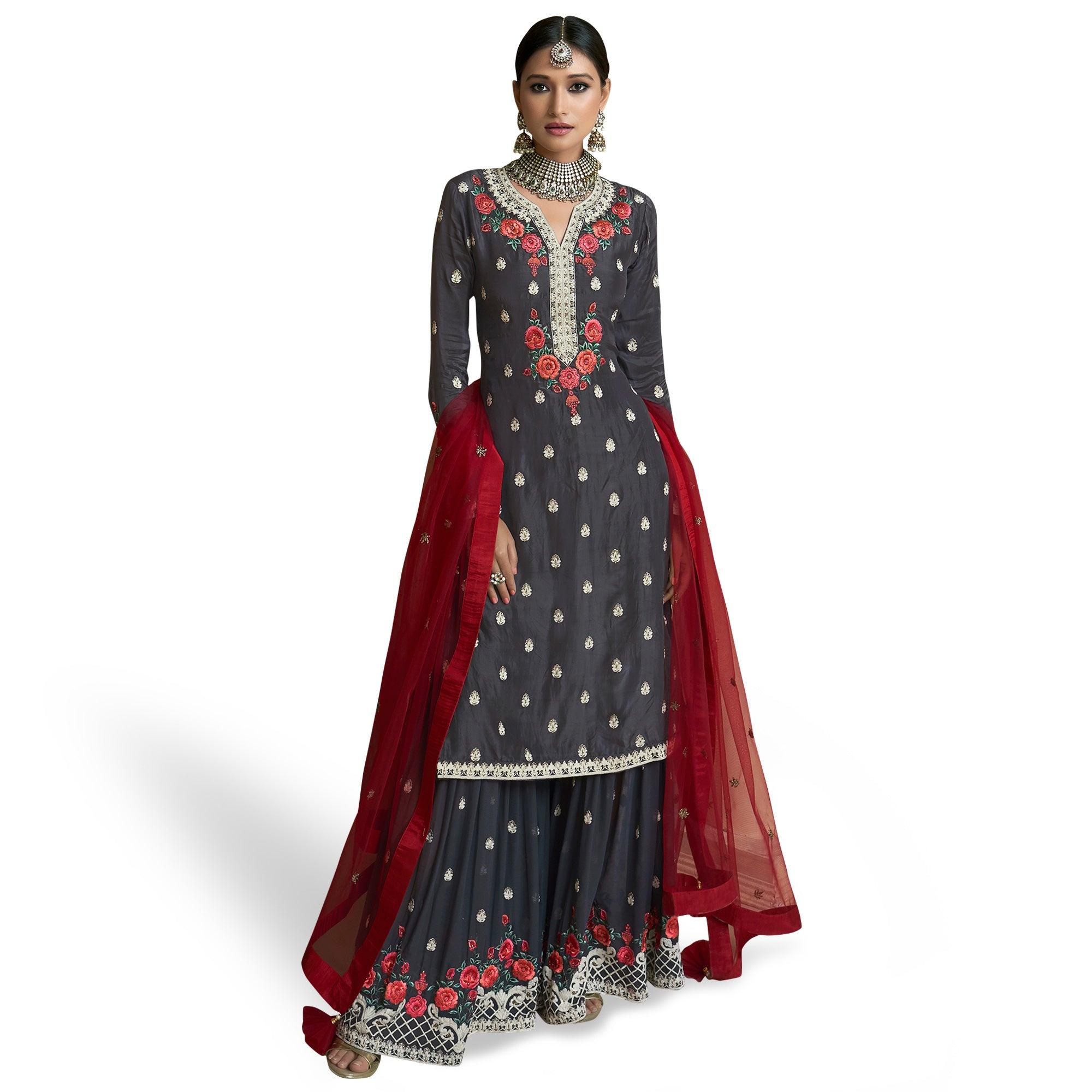 Fantastic Dark Gray Colored Partywear Embroidered Uppada Silk Palazzo Suit - Peachmode