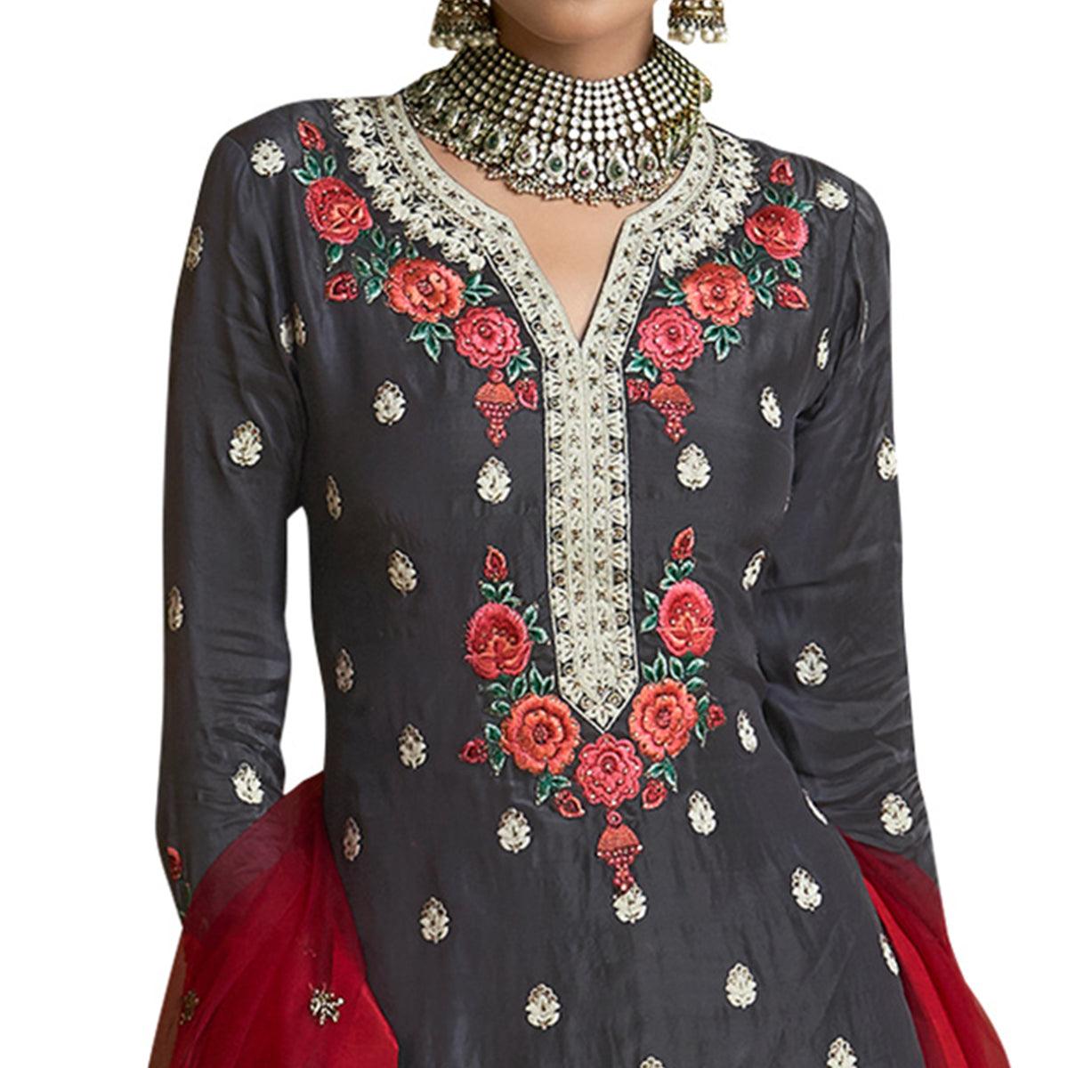 Fantastic Dark Gray Colored Partywear Embroidered Uppada Silk Palazzo Suit - Peachmode