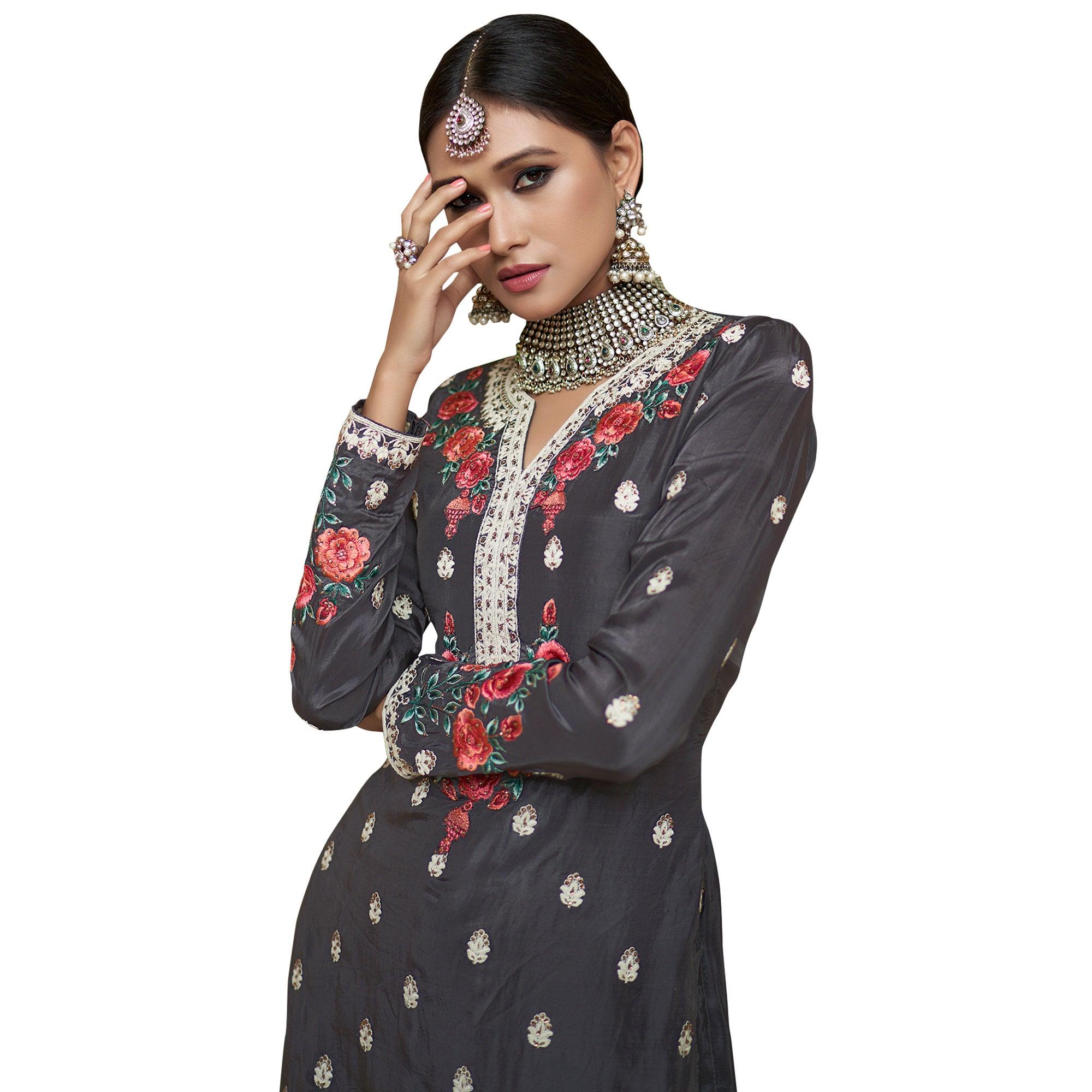 Fantastic Dark Gray Colored Partywear Embroidered Uppada Silk Palazzo Suit - Peachmode