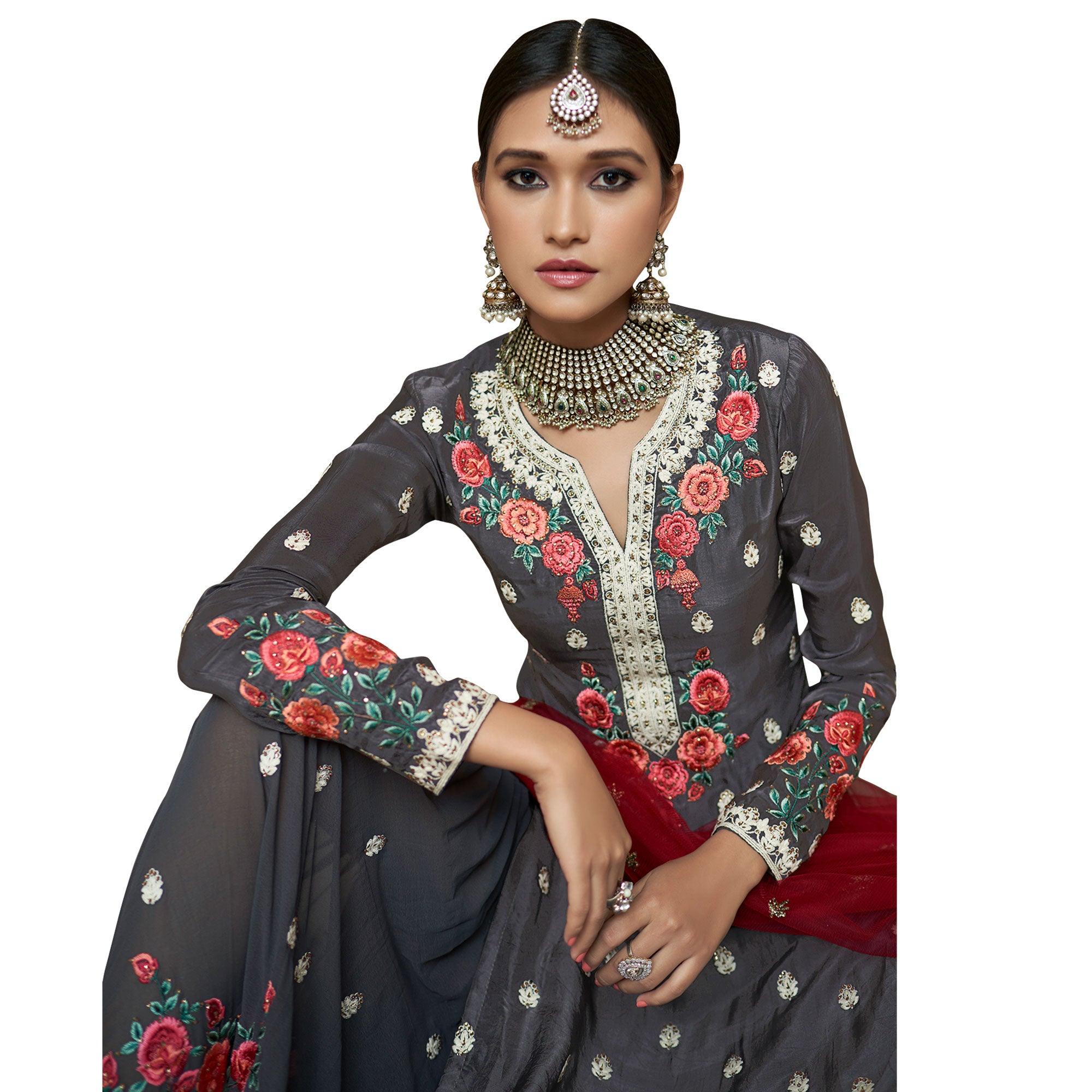 Fantastic Dark Gray Colored Partywear Embroidered Uppada Silk Palazzo Suit - Peachmode