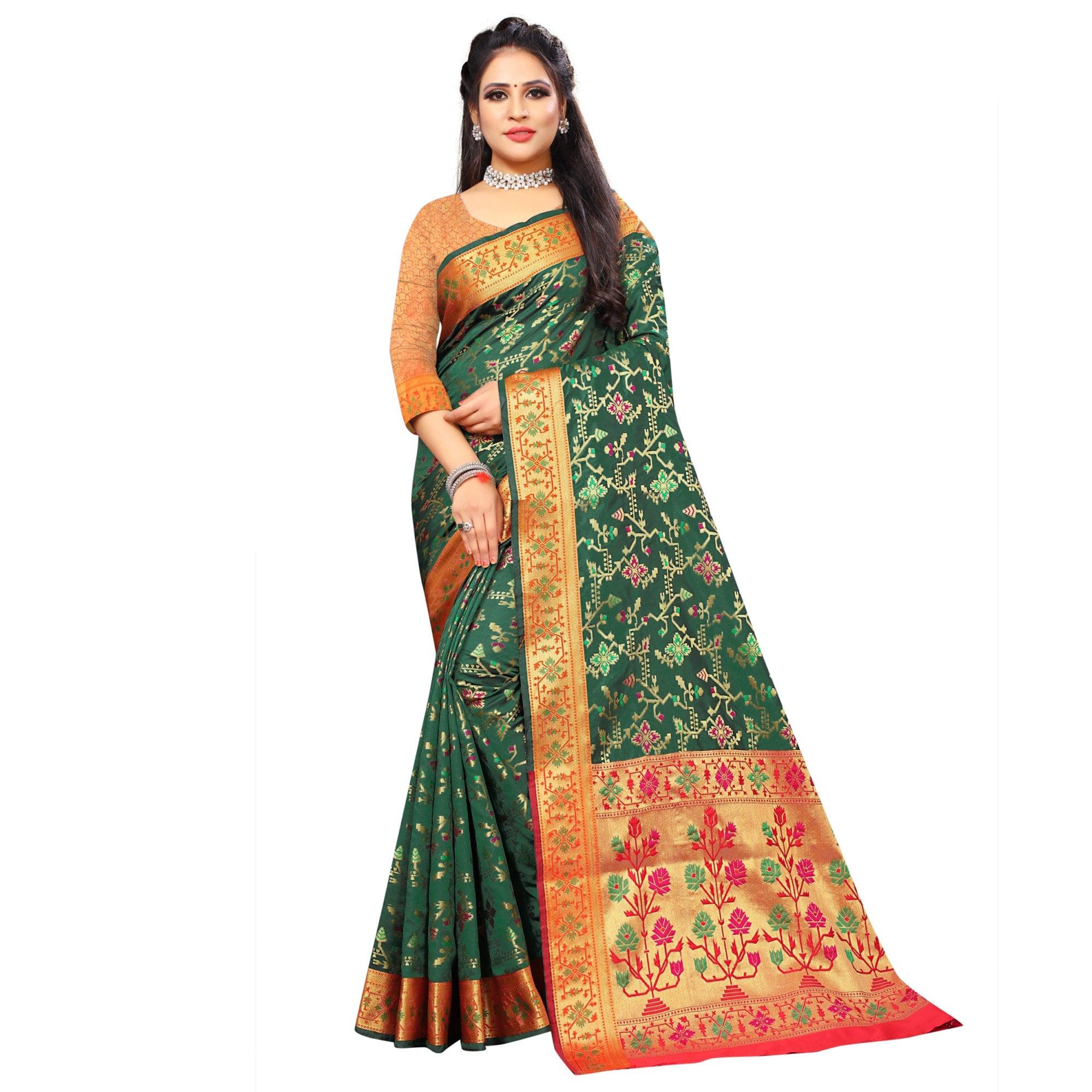 Fantastic Dark Green Colored Festive Wear Woven Silk Saree - Peachmode
