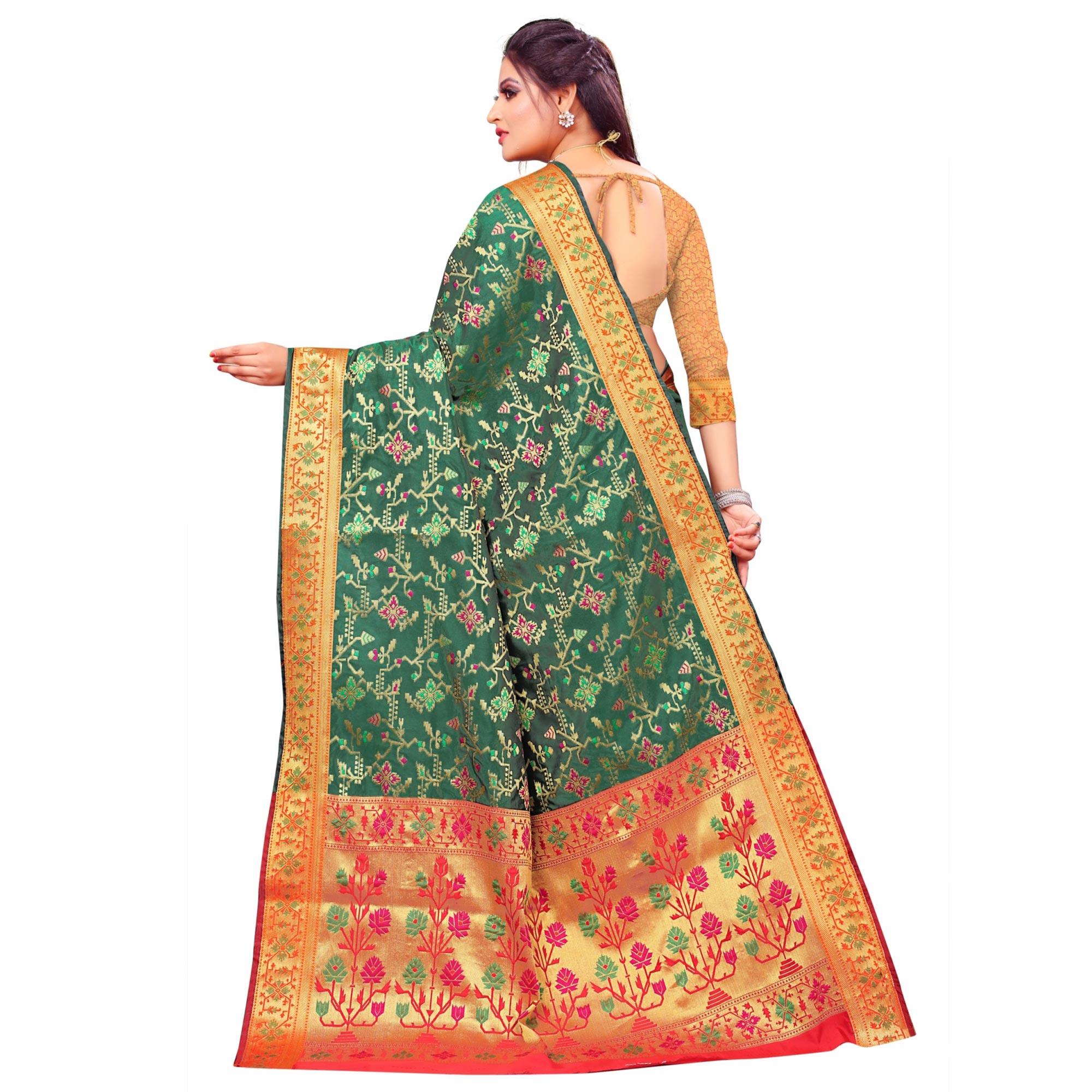Fantastic Dark Green Colored Festive Wear Woven Silk Saree - Peachmode
