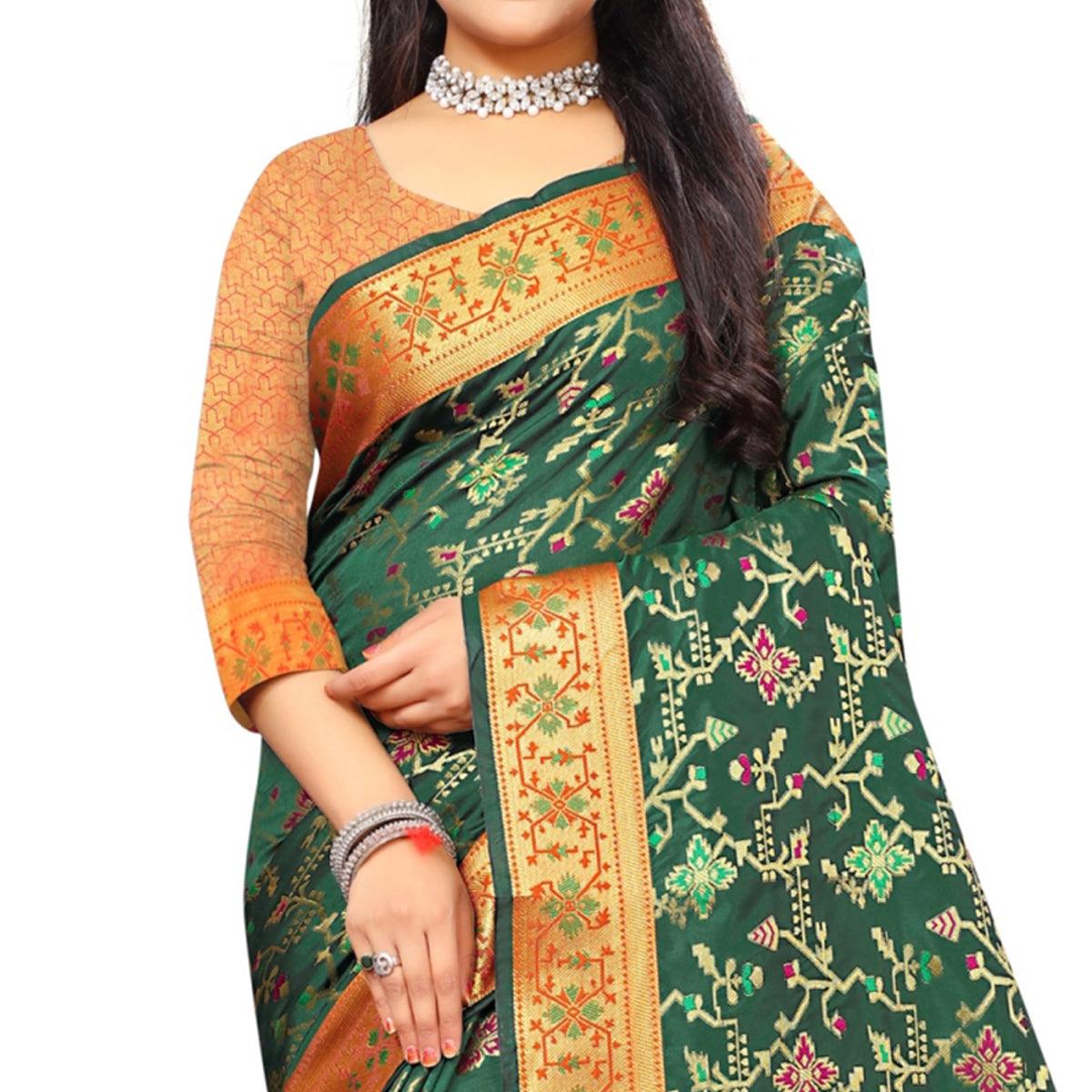 Fantastic Dark Green Colored Festive Wear Woven Silk Saree - Peachmode
