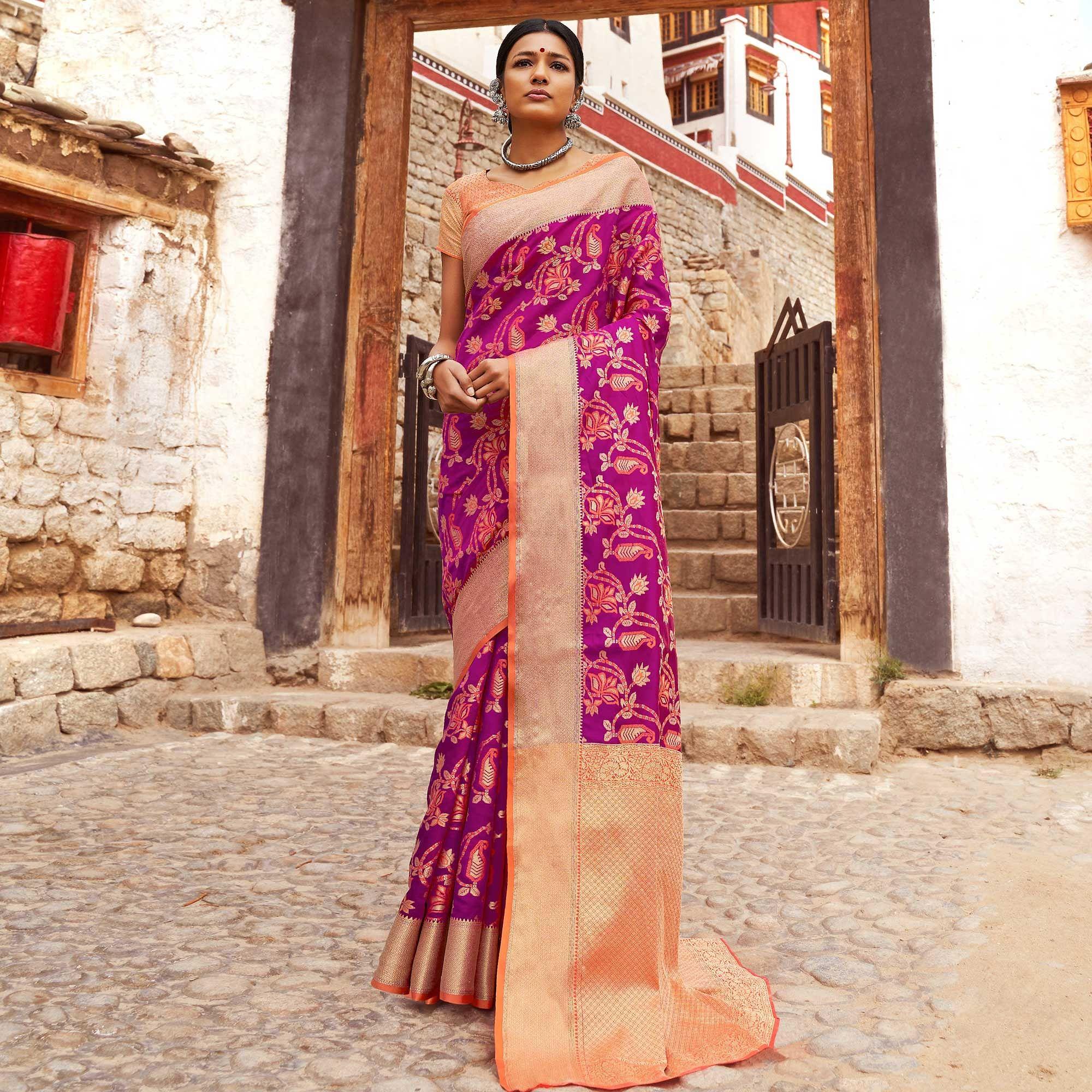Fantastic Deep Magenta Pink Colored Festive Wear Woven Silk Saree - Peachmode