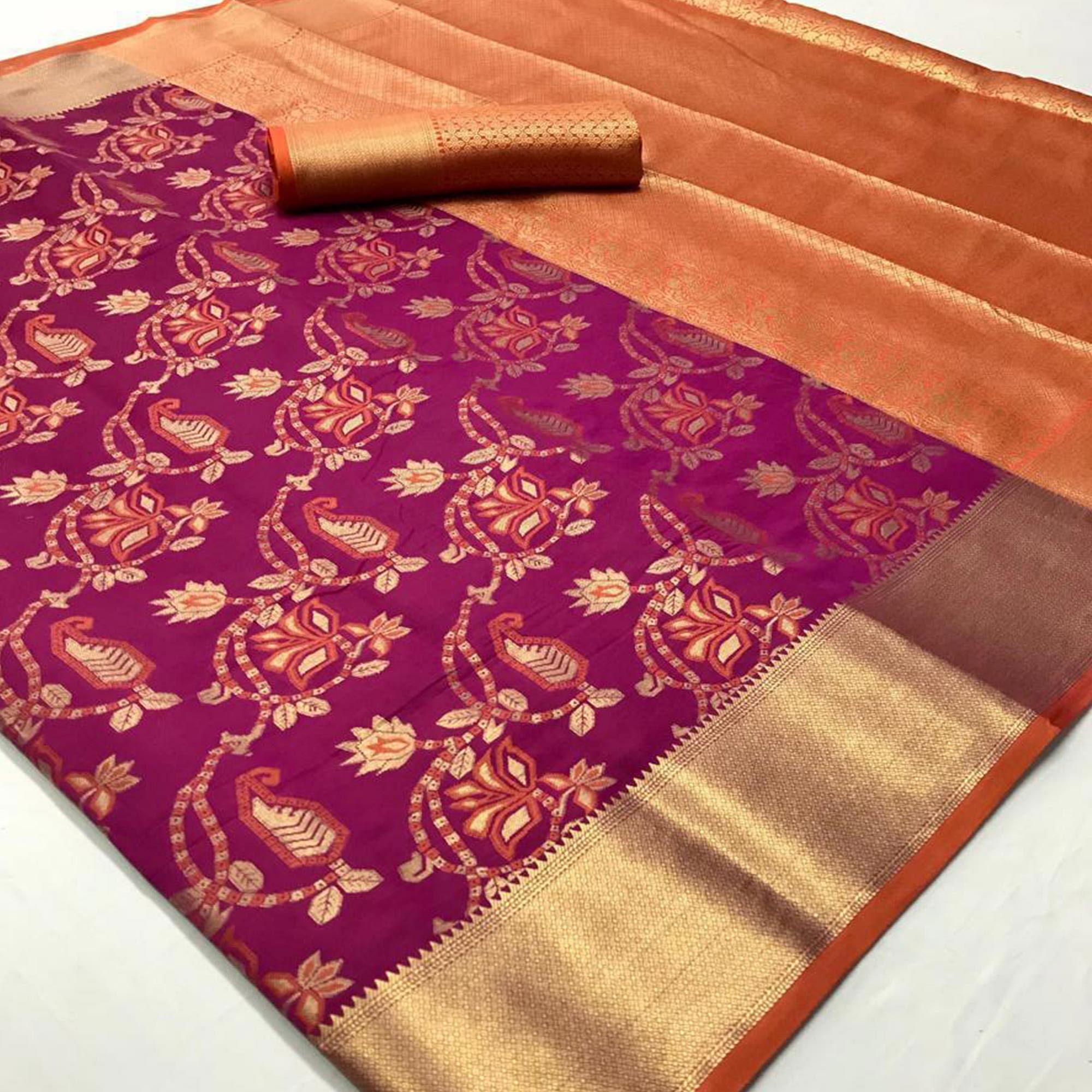 Fantastic Deep Magenta Pink Colored Festive Wear Woven Silk Saree - Peachmode