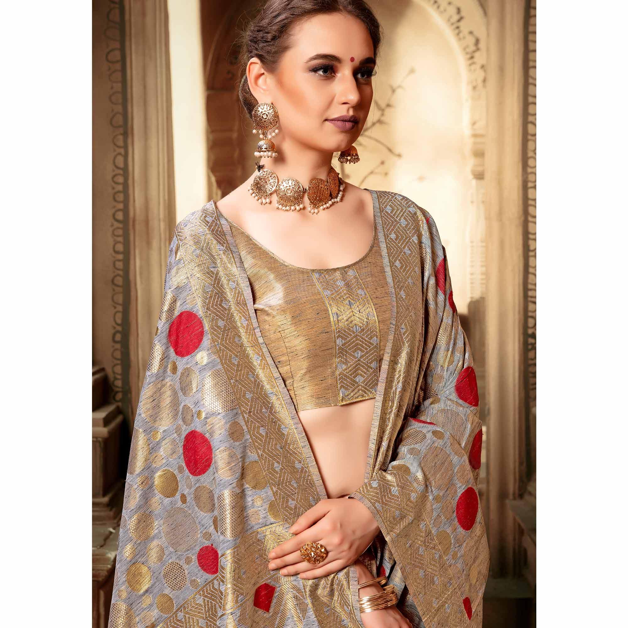 Fantastic Gray Colored Festive Wear Woven Cotton Silk Saree - Peachmode