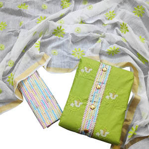 Fantastic Green Colored Casual Wear Embroidered Cotton Dress Material - Peachmode