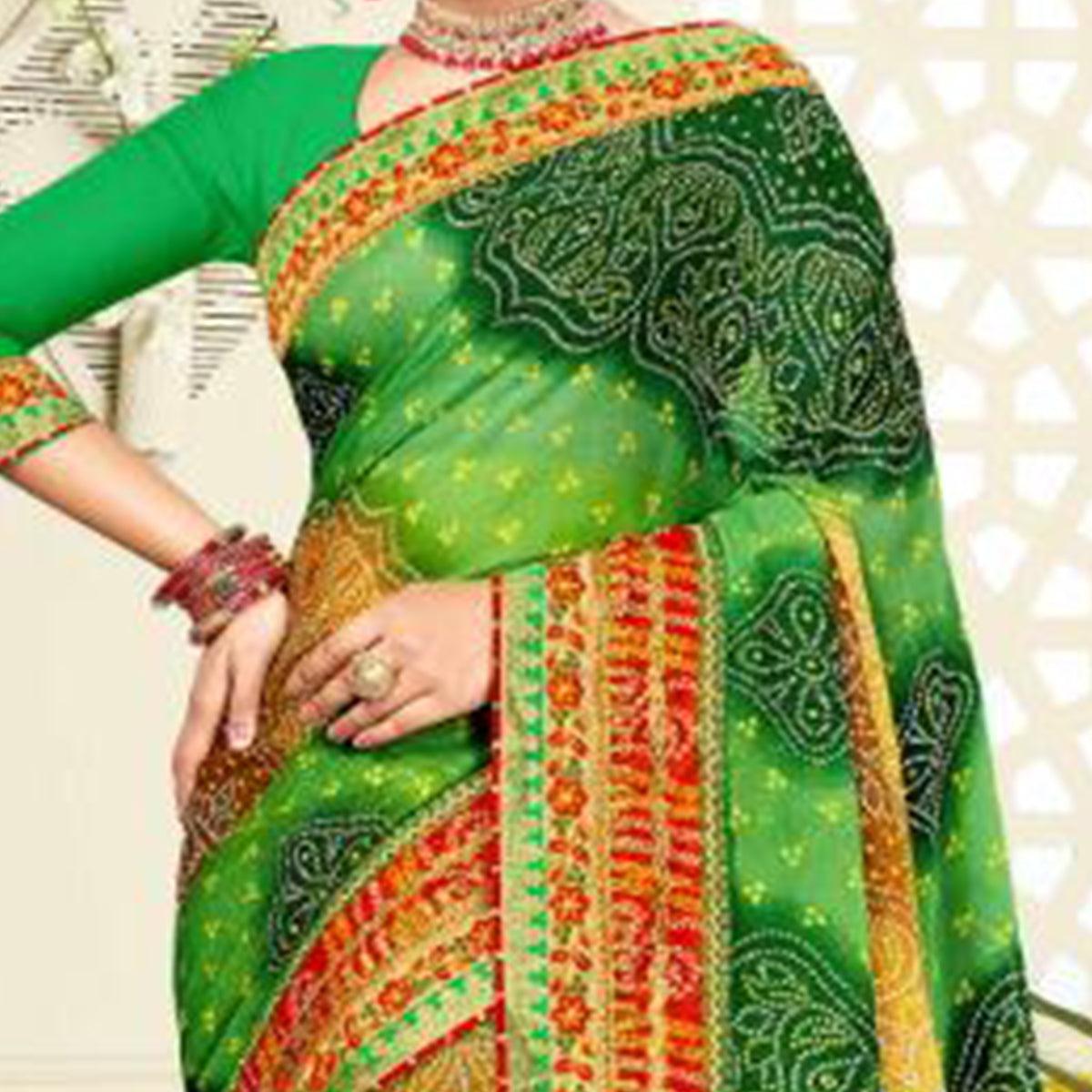 Fantastic Green Colored Festive Wear Bandhani Print With Zari Border Work And Latkan Heavy Georgette Saree - Peachmode