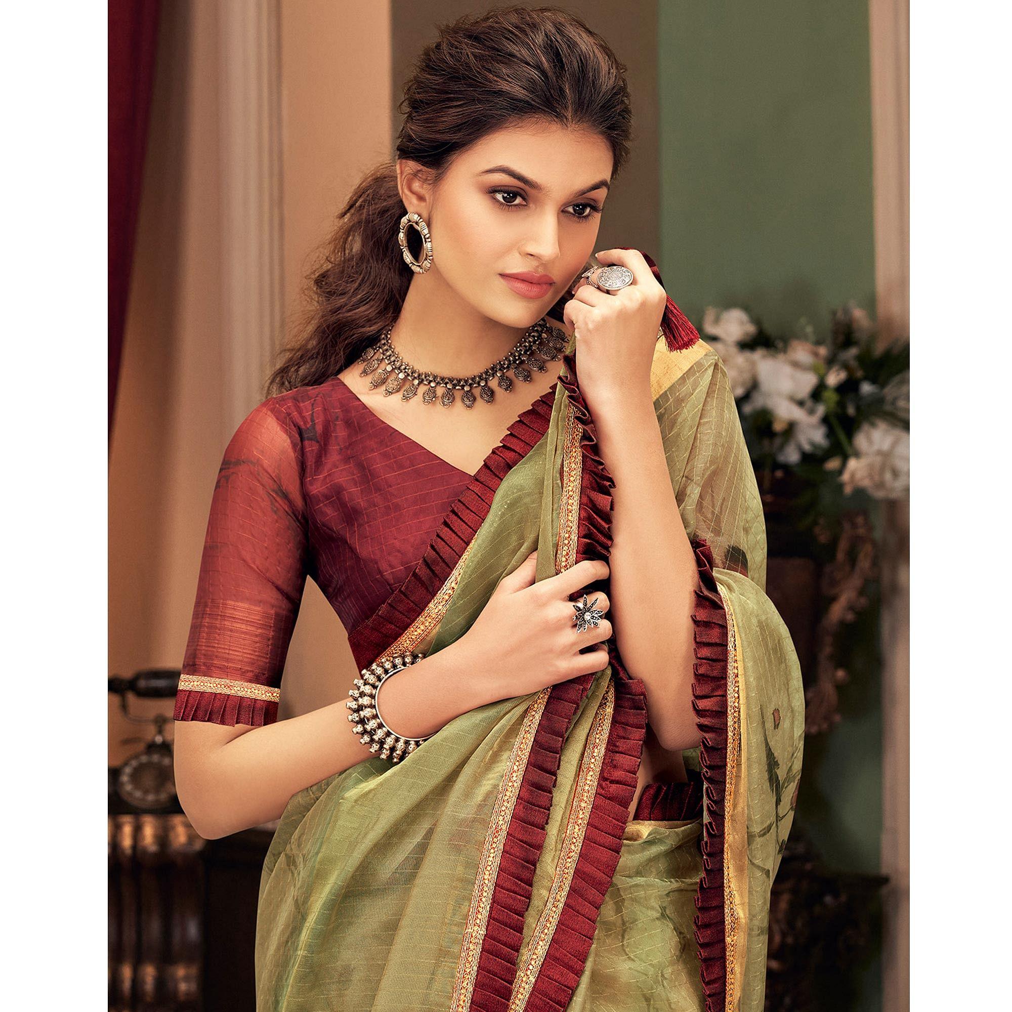 Fantastic Green Colored Festive Wear Printed And Woven Border Silk Saree - Peachmode