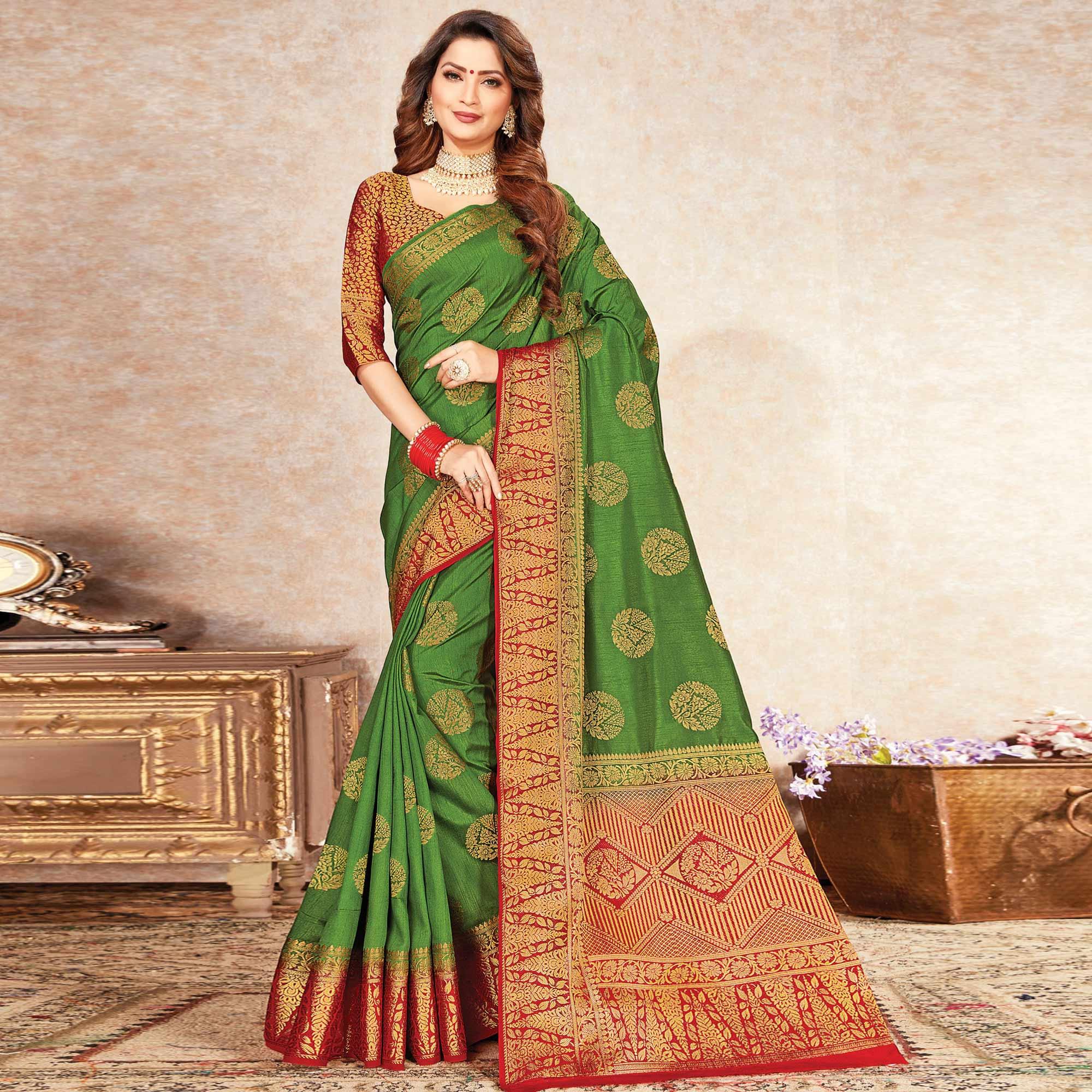 Fantastic Green Colored Festive Wear Woven Cotton Silk Saree - Peachmode