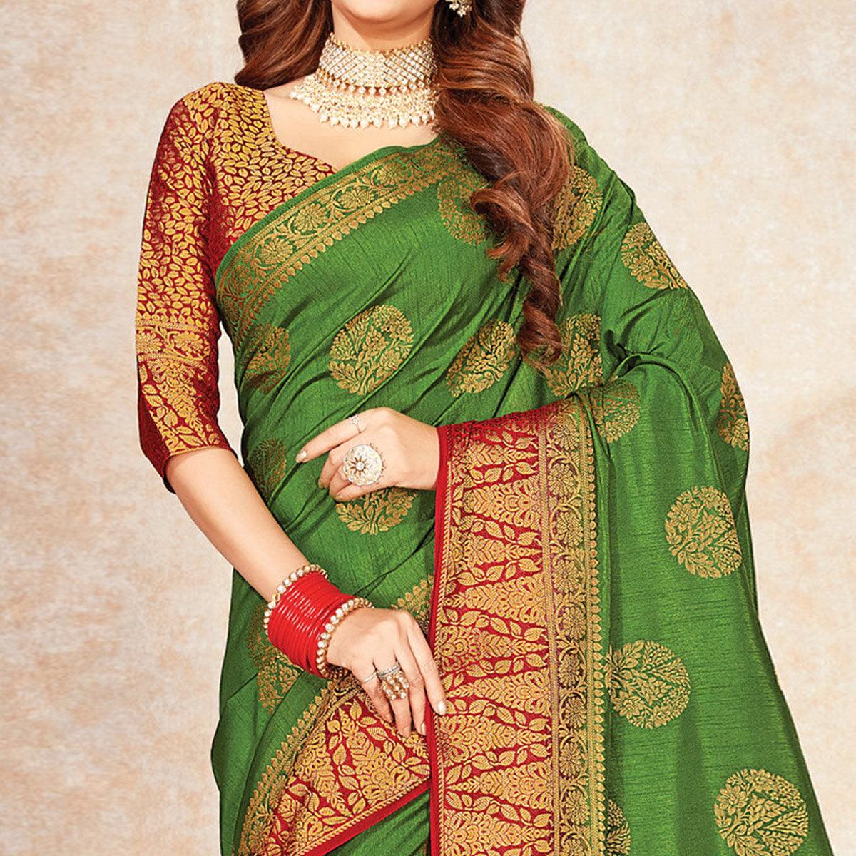 Fantastic Green Colored Festive Wear Woven Cotton Silk Saree - Peachmode