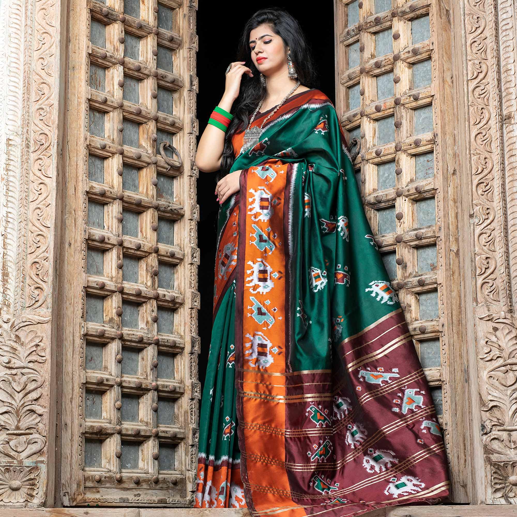 Fantastic Green Colored Festive Wear Woven Patola Silk Saree - Peachmode