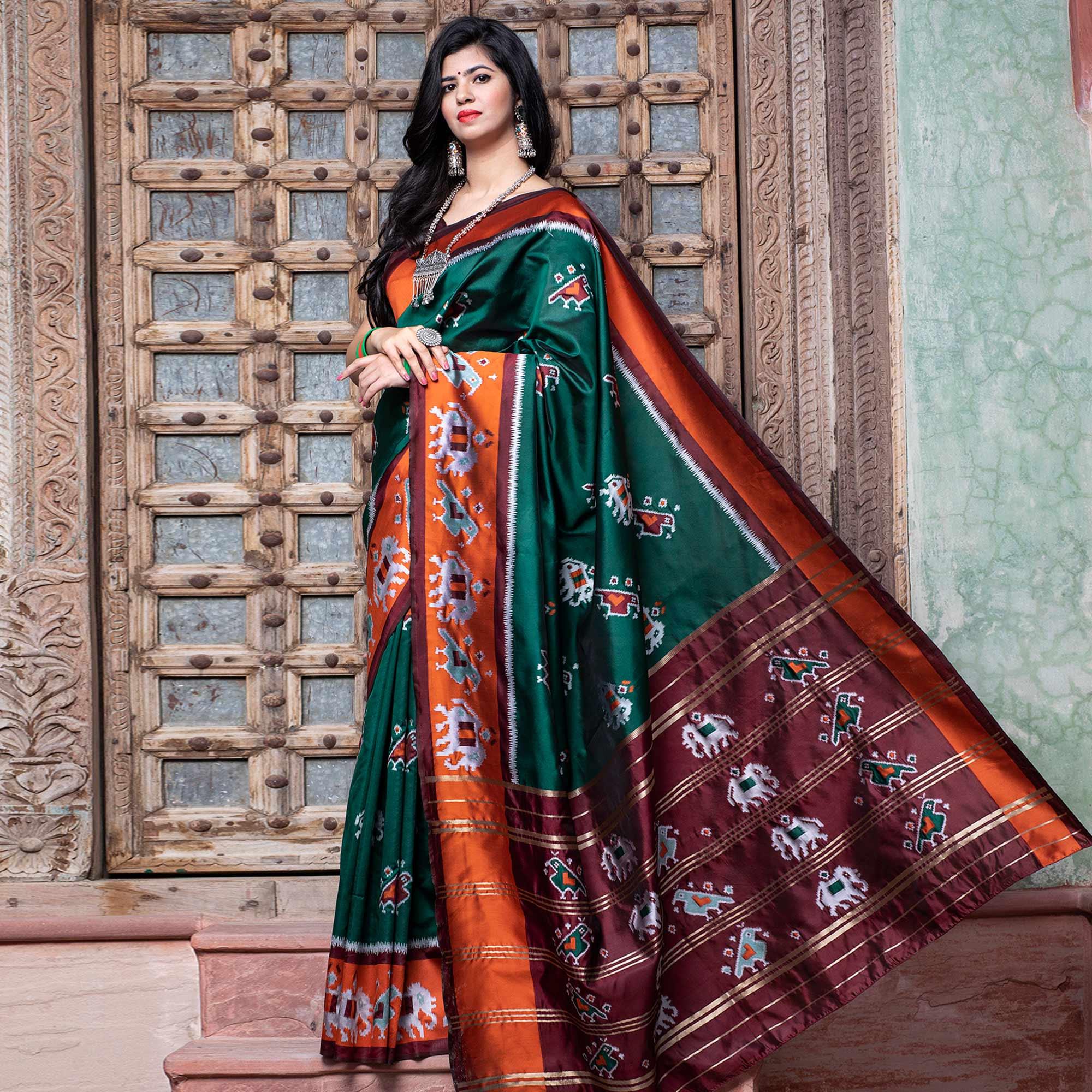 Fantastic Green Colored Festive Wear Woven Patola Silk Saree - Peachmode