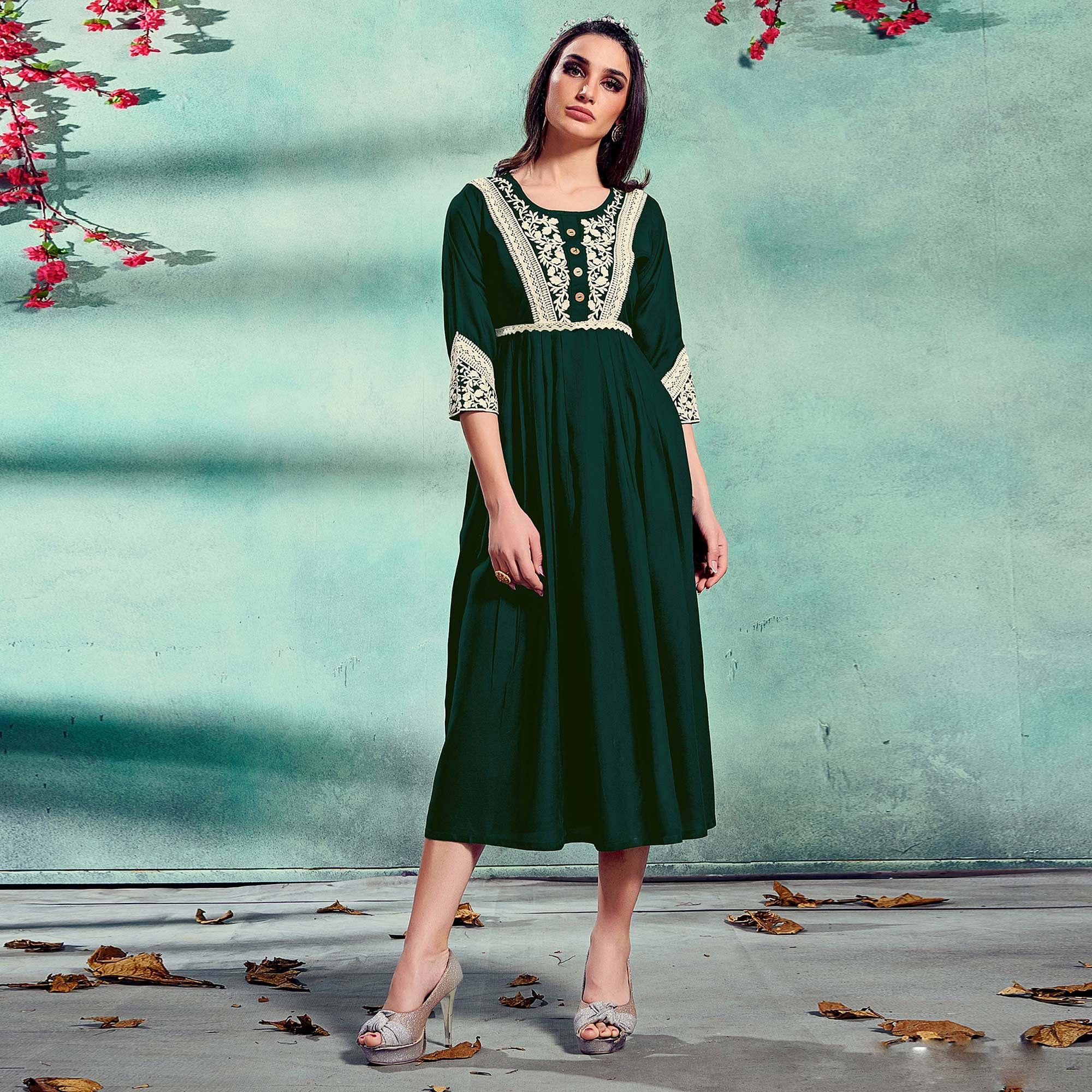 Fantastic Green Colored Partywear Lucknowi Embroidered Pure Rayon Fancy Kurti - Peachmode